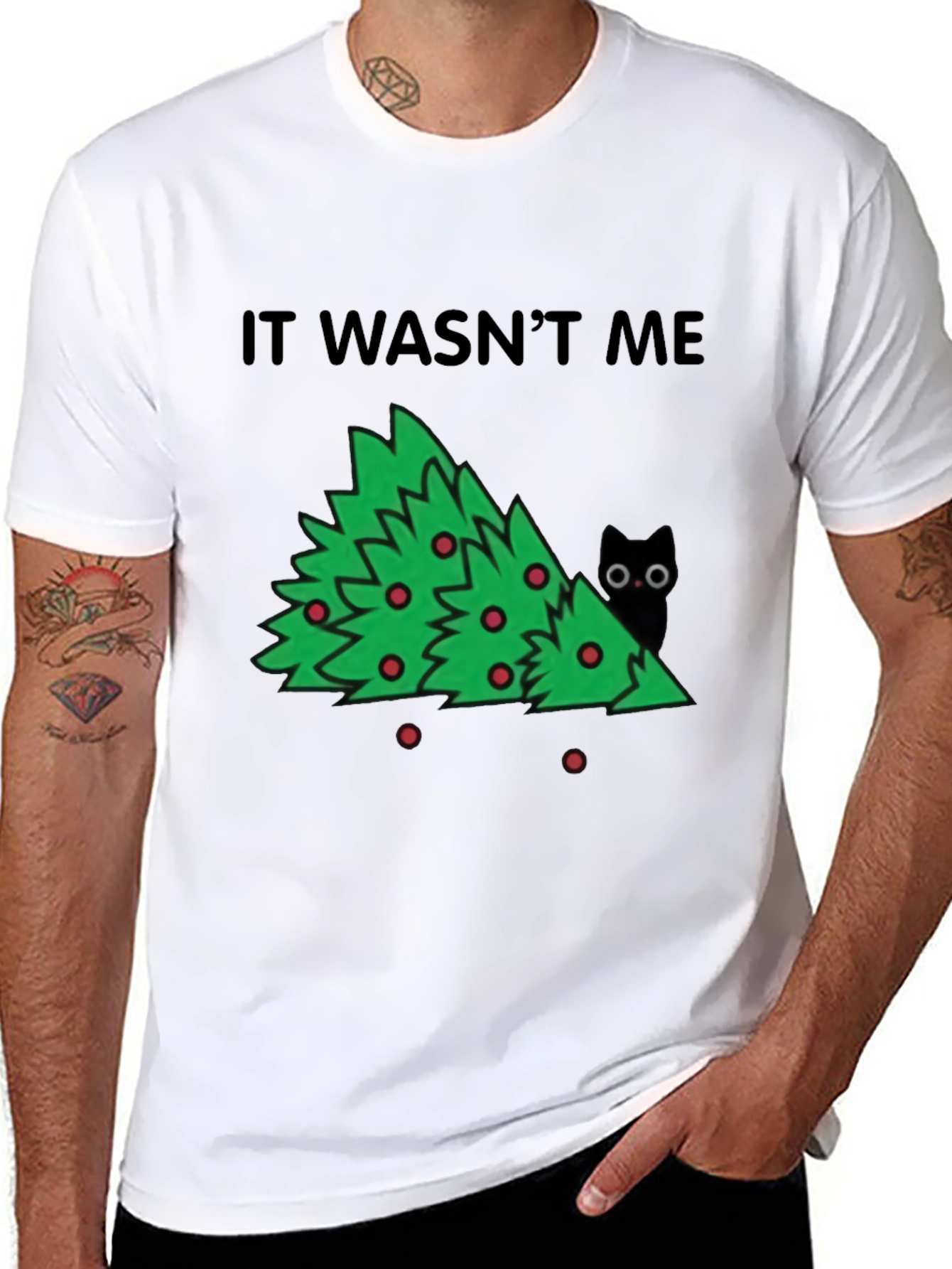 Black It Wasn't Me Christmas Tree Cat T-Shirt view 8