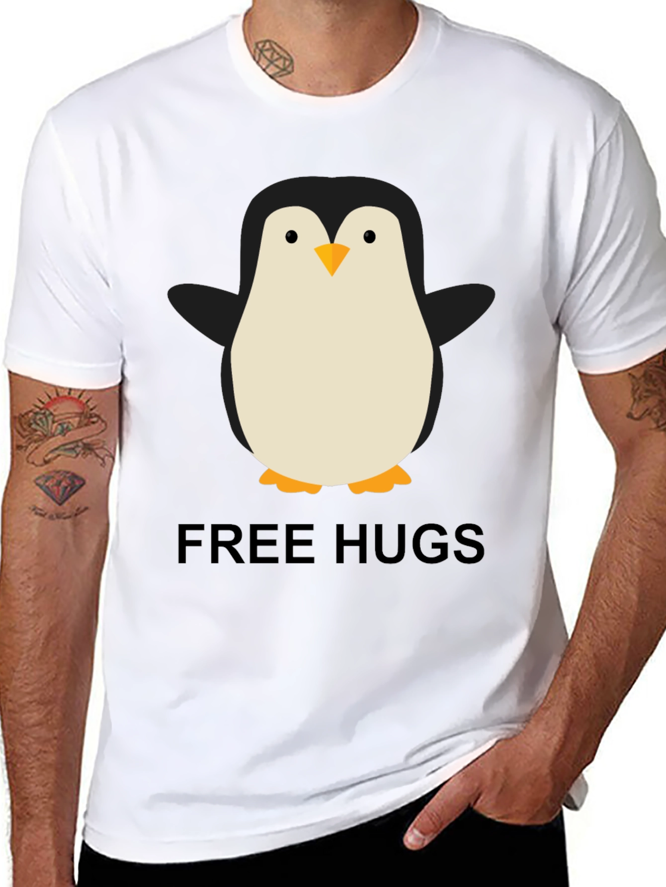 Black Penguin Free Hugs Graphic Tee - Unisex Black T-Shirt view 8