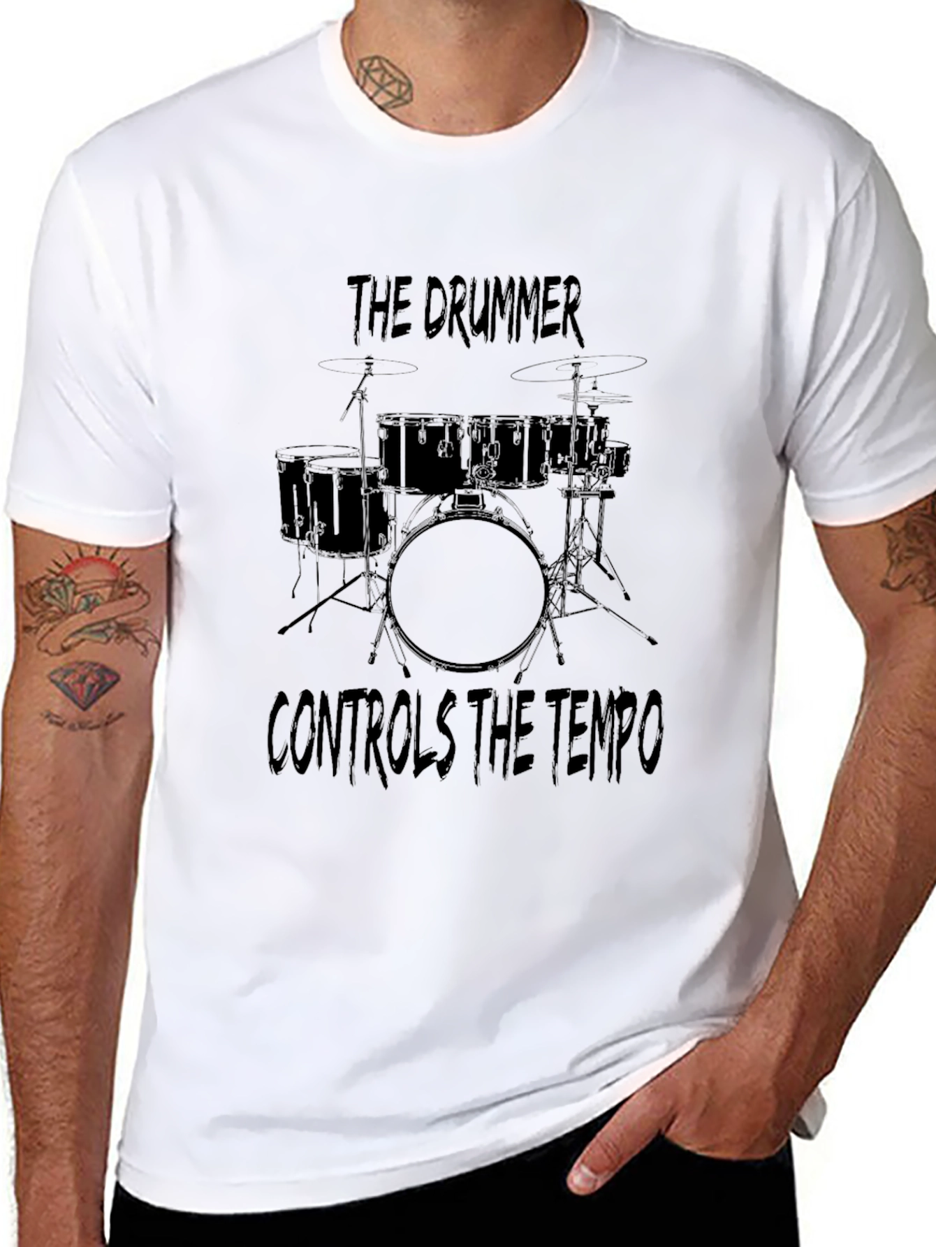 Black The Drummer Controls the Tempo Black T-Shirt view 8