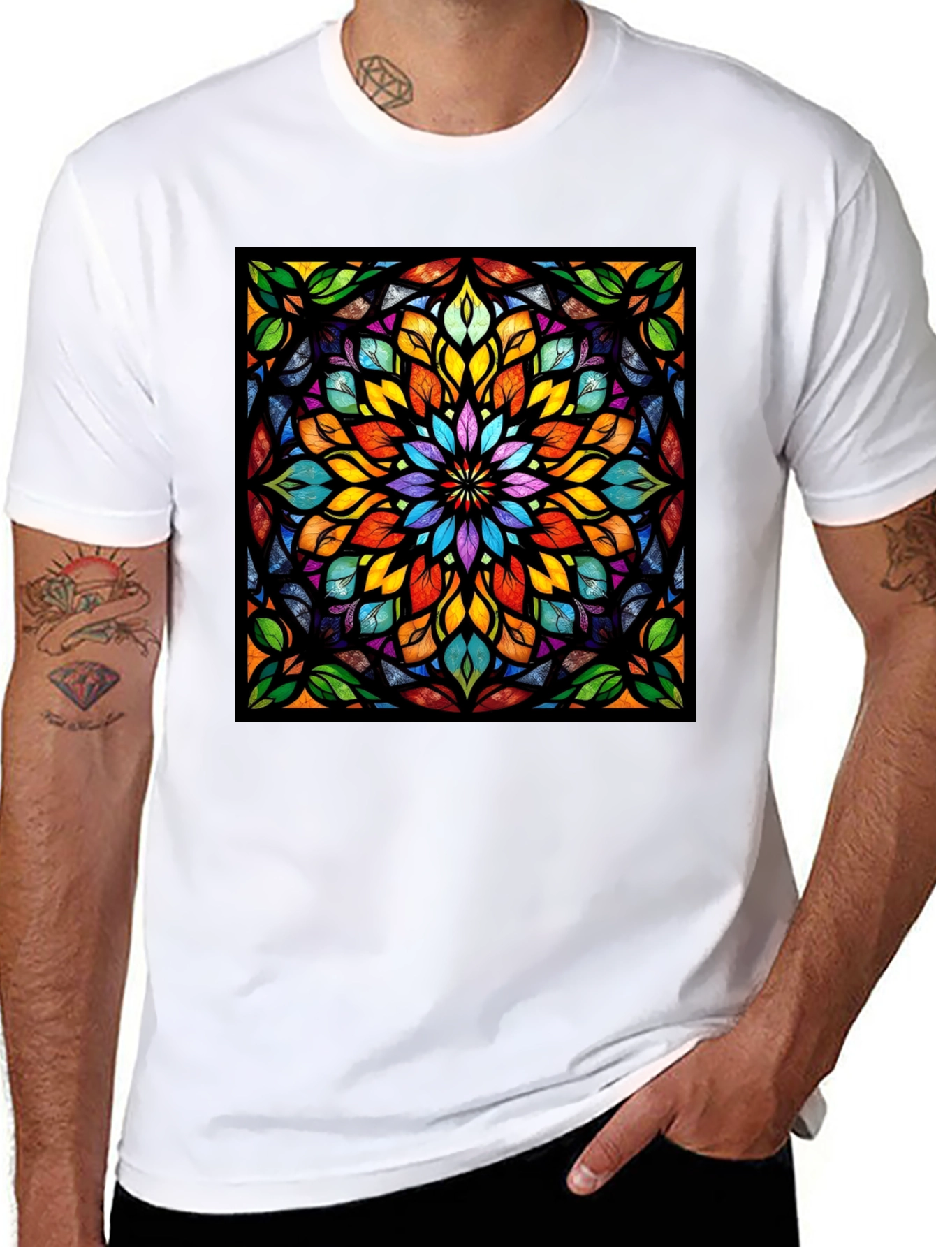 Black Kaleidoscope Stained Glass Design Black T-Shirt view 8