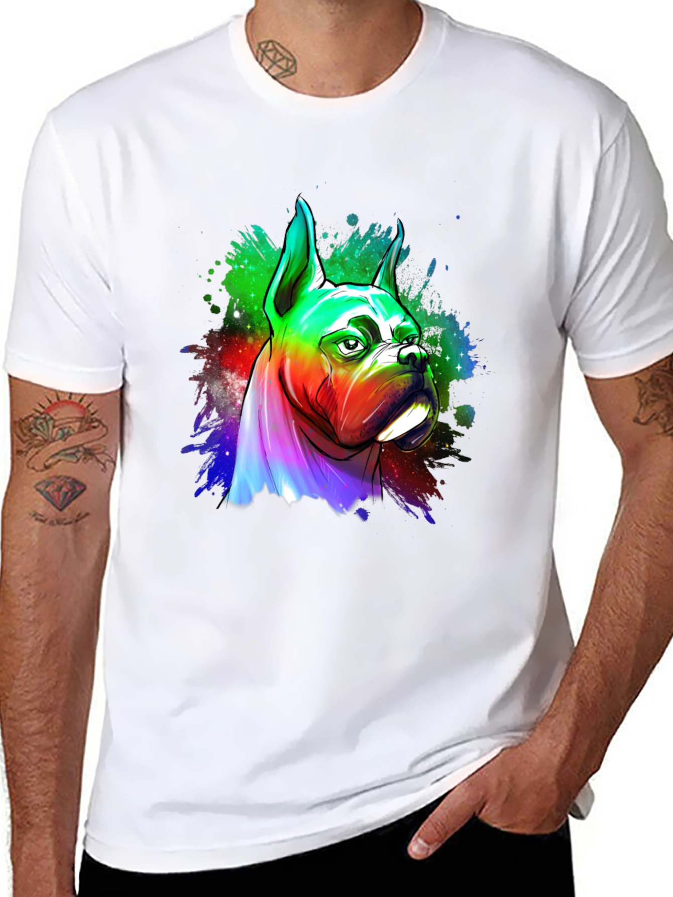 Black Rainbow Boxer Dog Graphic Tee - Unique Art T-Shirt view 8