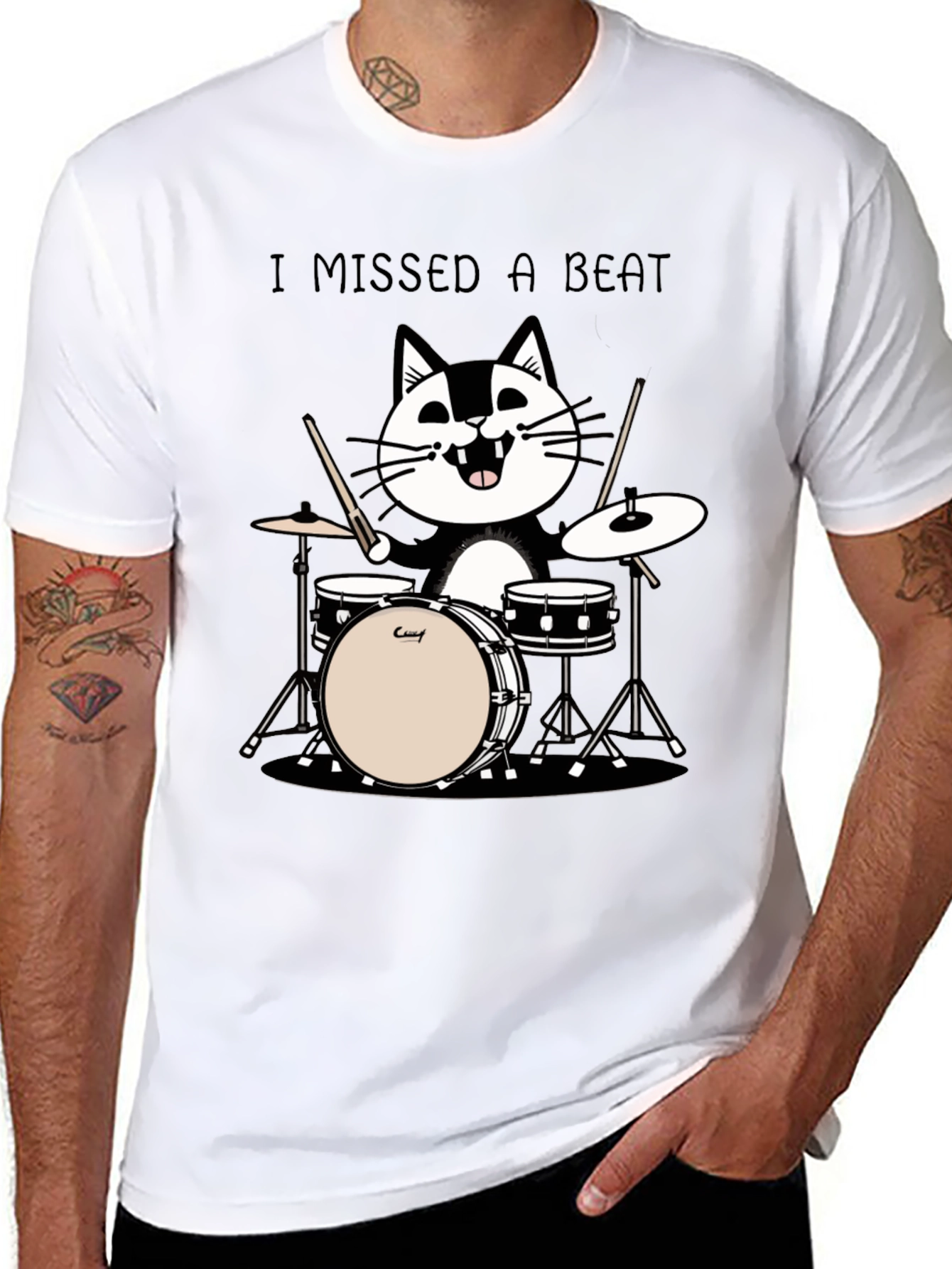 Black I Missed a Beat Cat Drummer T-Shirt view 8