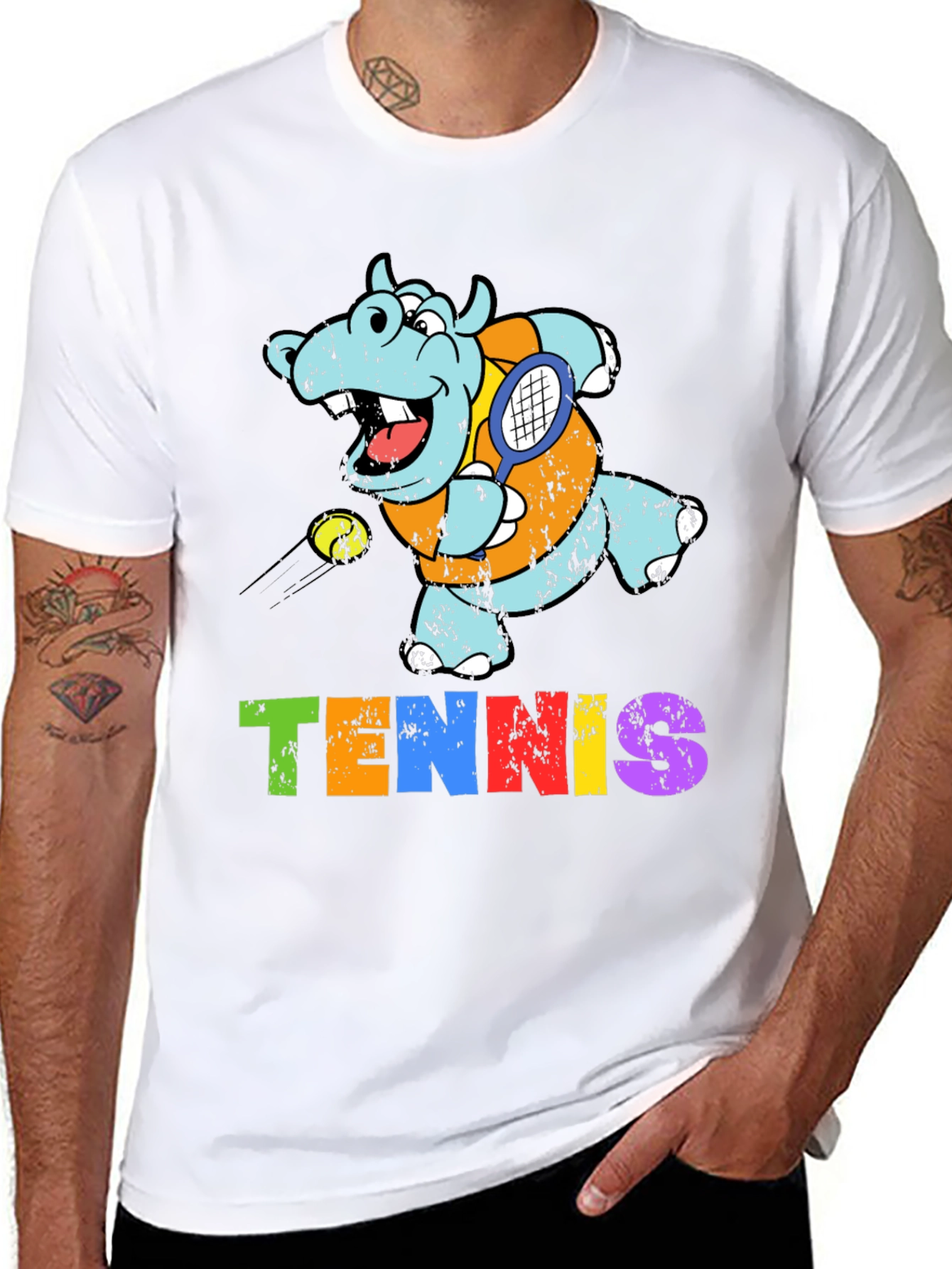 Black Cartoon Hippo Tennis Player Graphic T-Shirt view 8