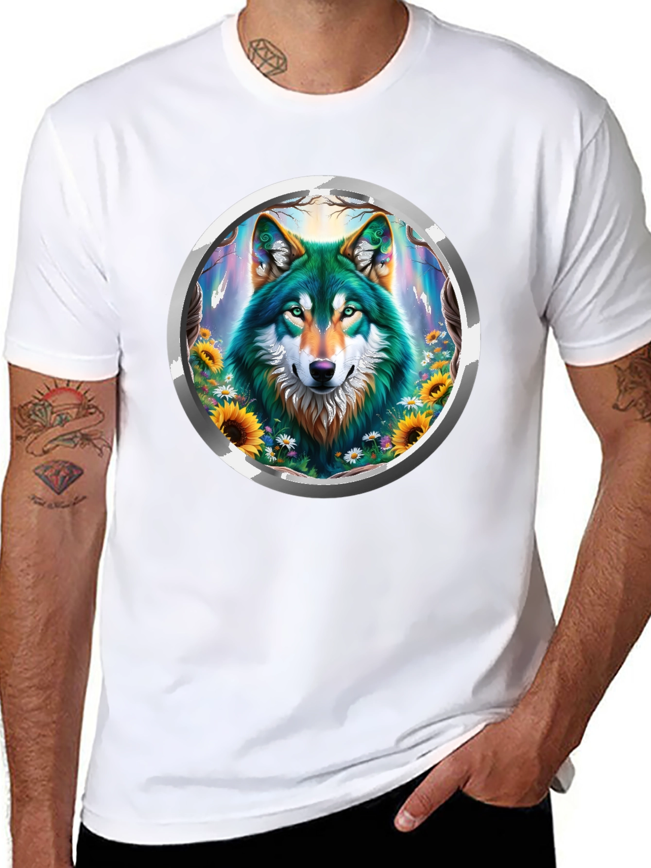 Black Wolf Circle Graphic Tee - Nature Inspired Design view 8