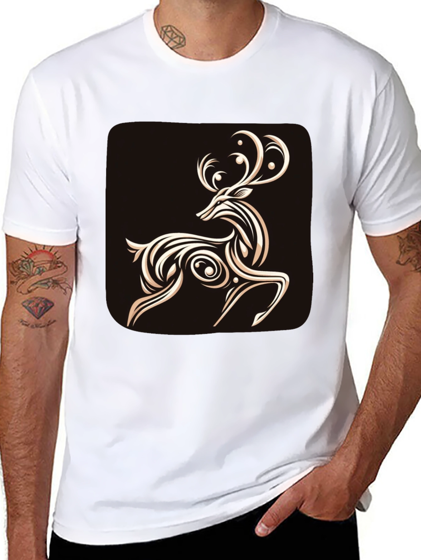 Black Elegant Deer Graphic Tee - Stylish Men's Black T-Shirt view 8