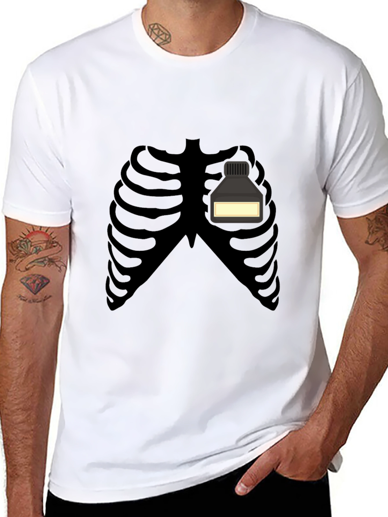 Black Skeleton Rib Cage Ink Bottle Funny Graphic T-Shirt view 8