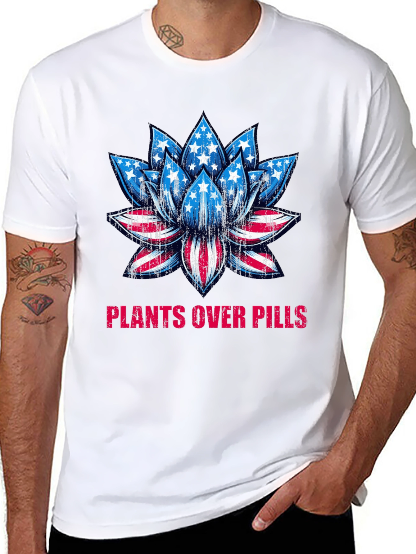 Black Plants Over Pills American Flag Lotus T-Shirt view 8