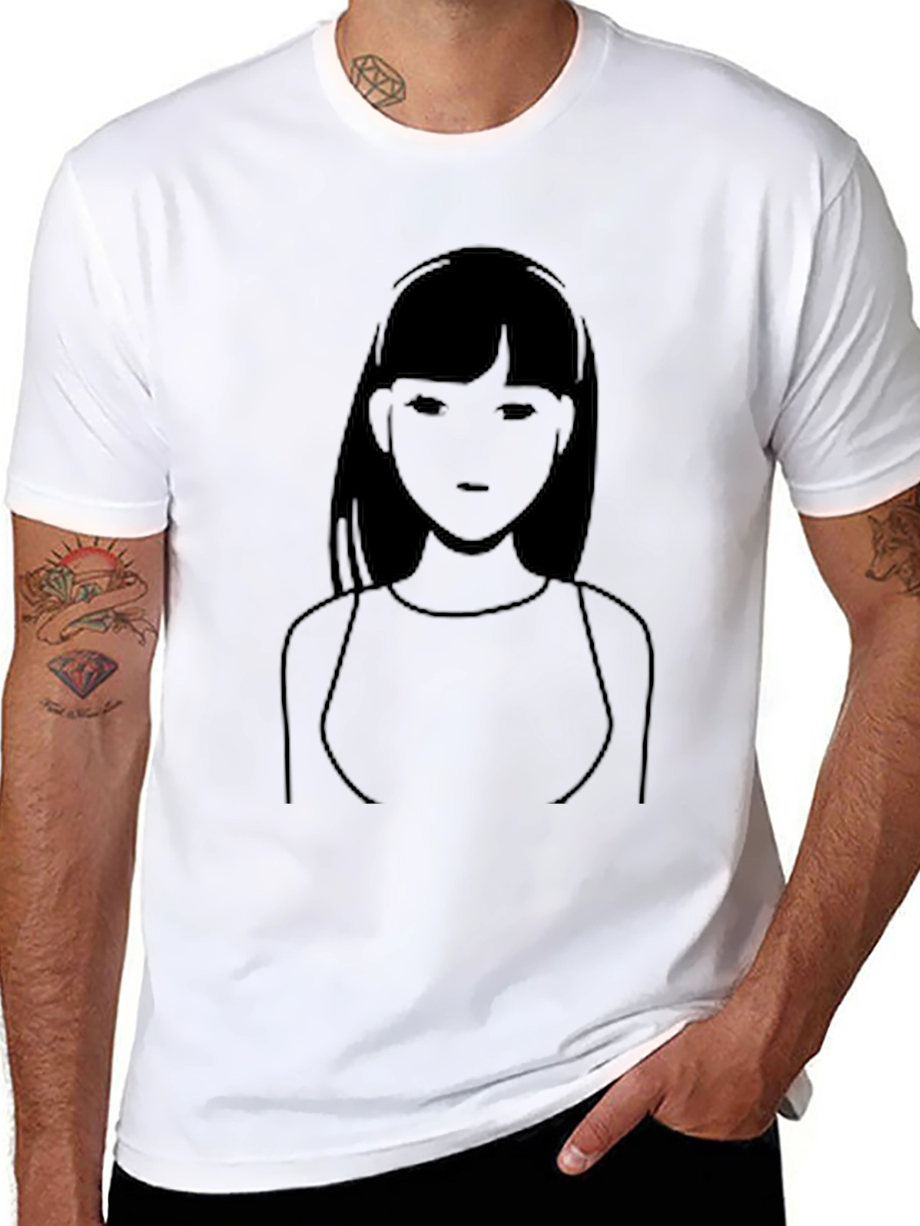 Minimalist Anime Girl Graphic Tee - Black Cotton Casual - 8