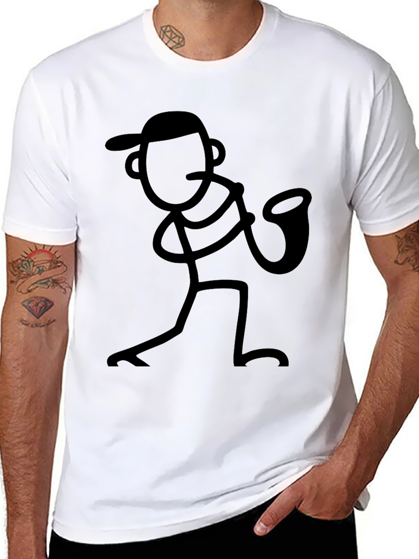 Black Cool Black Stick Figure Saxophone Player T-Shirt view 8