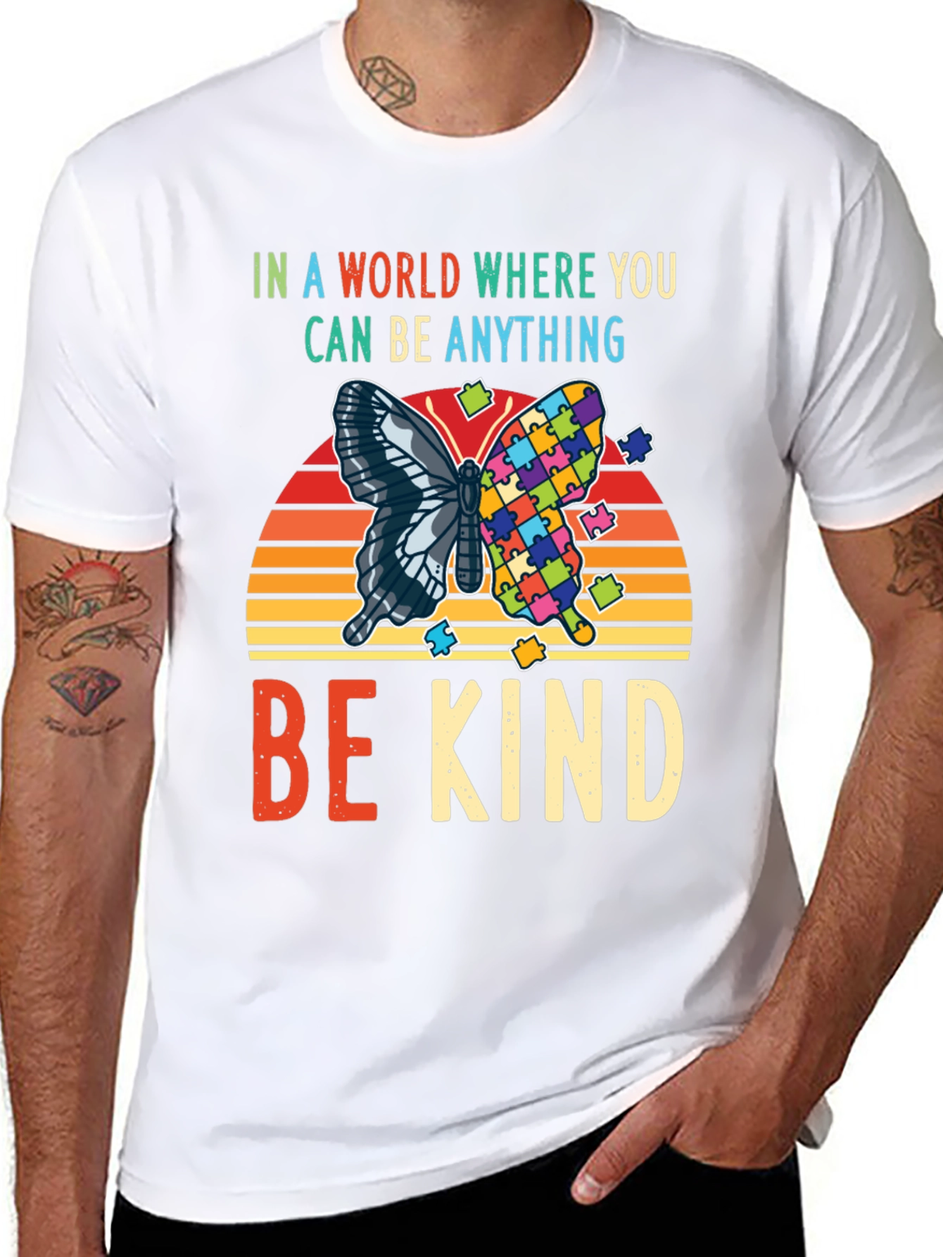 Black Be Kind Autism Awareness Butterfly T-Shirt view 8