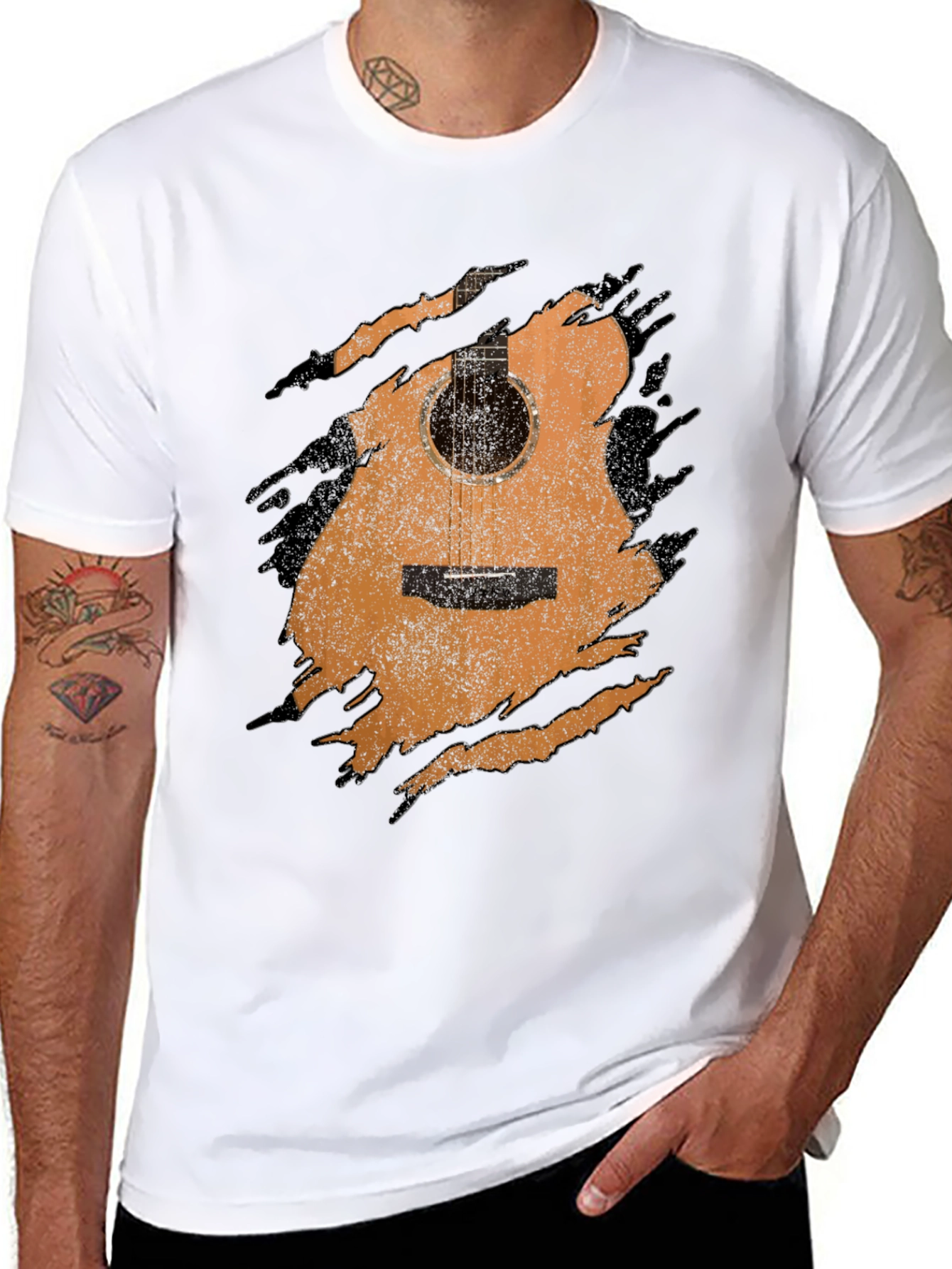 Guitar Graphic Tee - Distressed Acoustic Design, Musician Shirt - 8