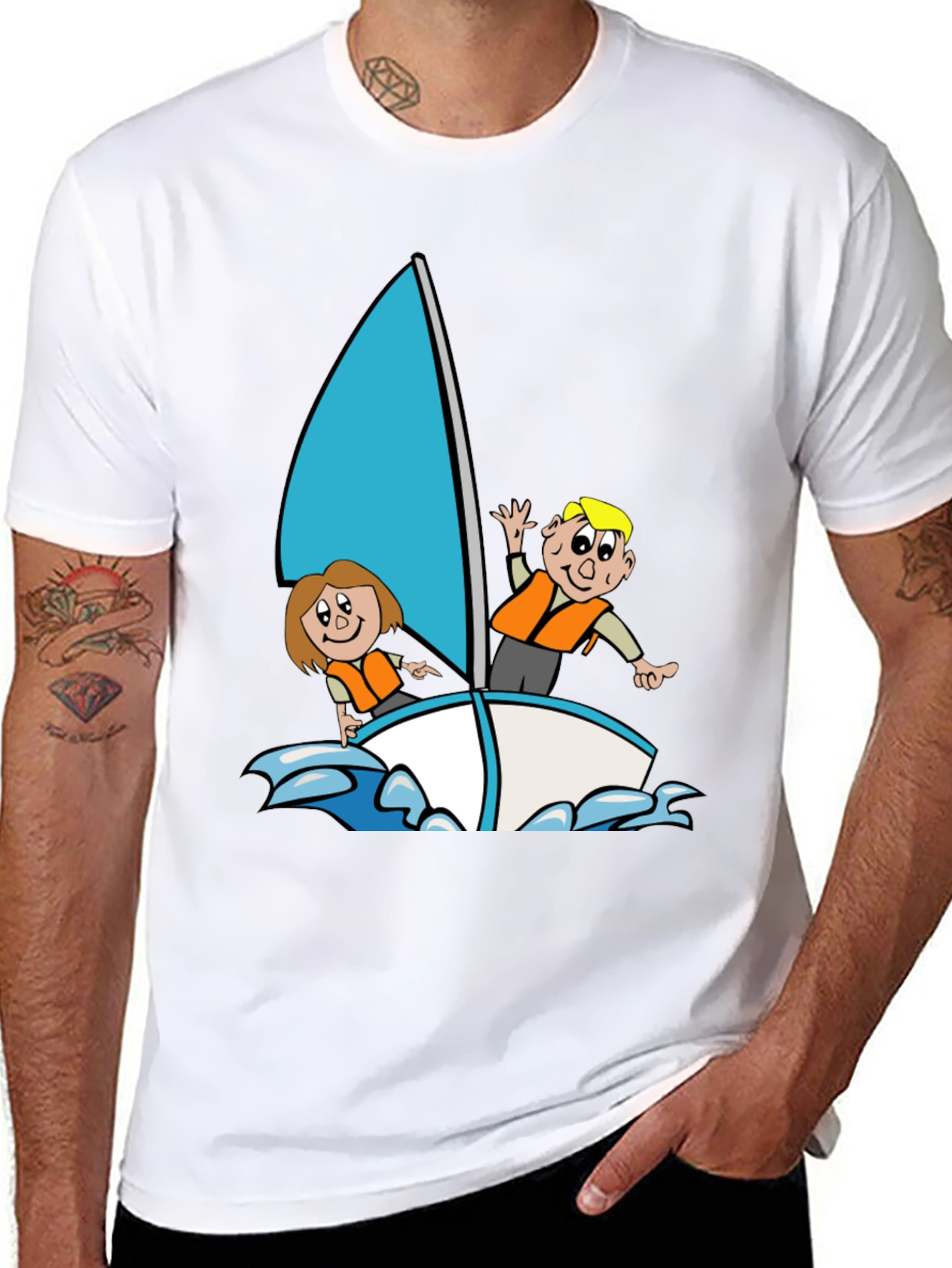 Black Cartoon Sailboat Graphic T-Shirt - Black Crew Neck view 8