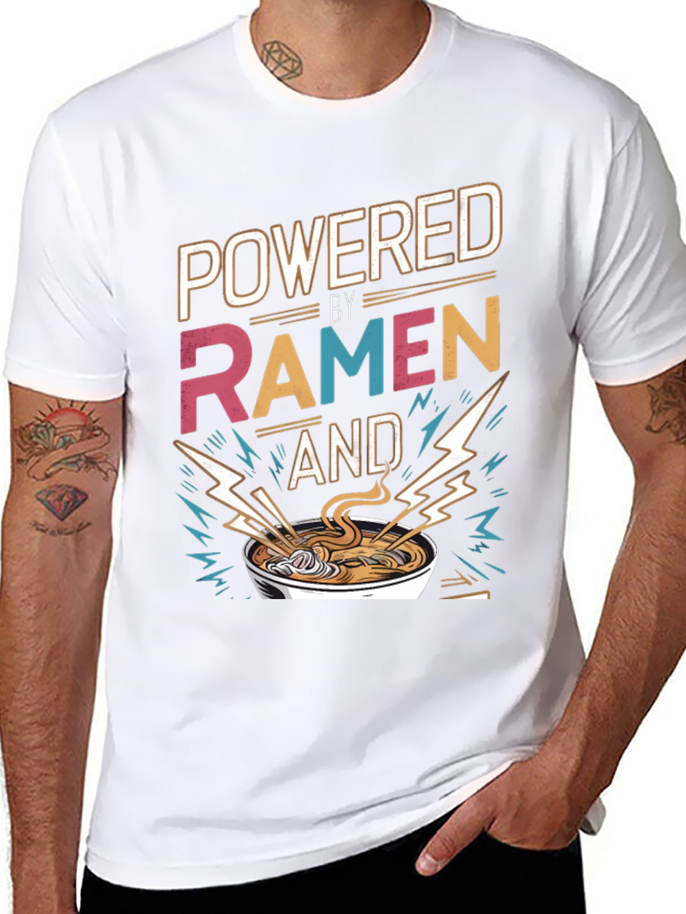 Black Powered By Ramen T-Shirt - Graphic Tee, Foodie Fashion view 8