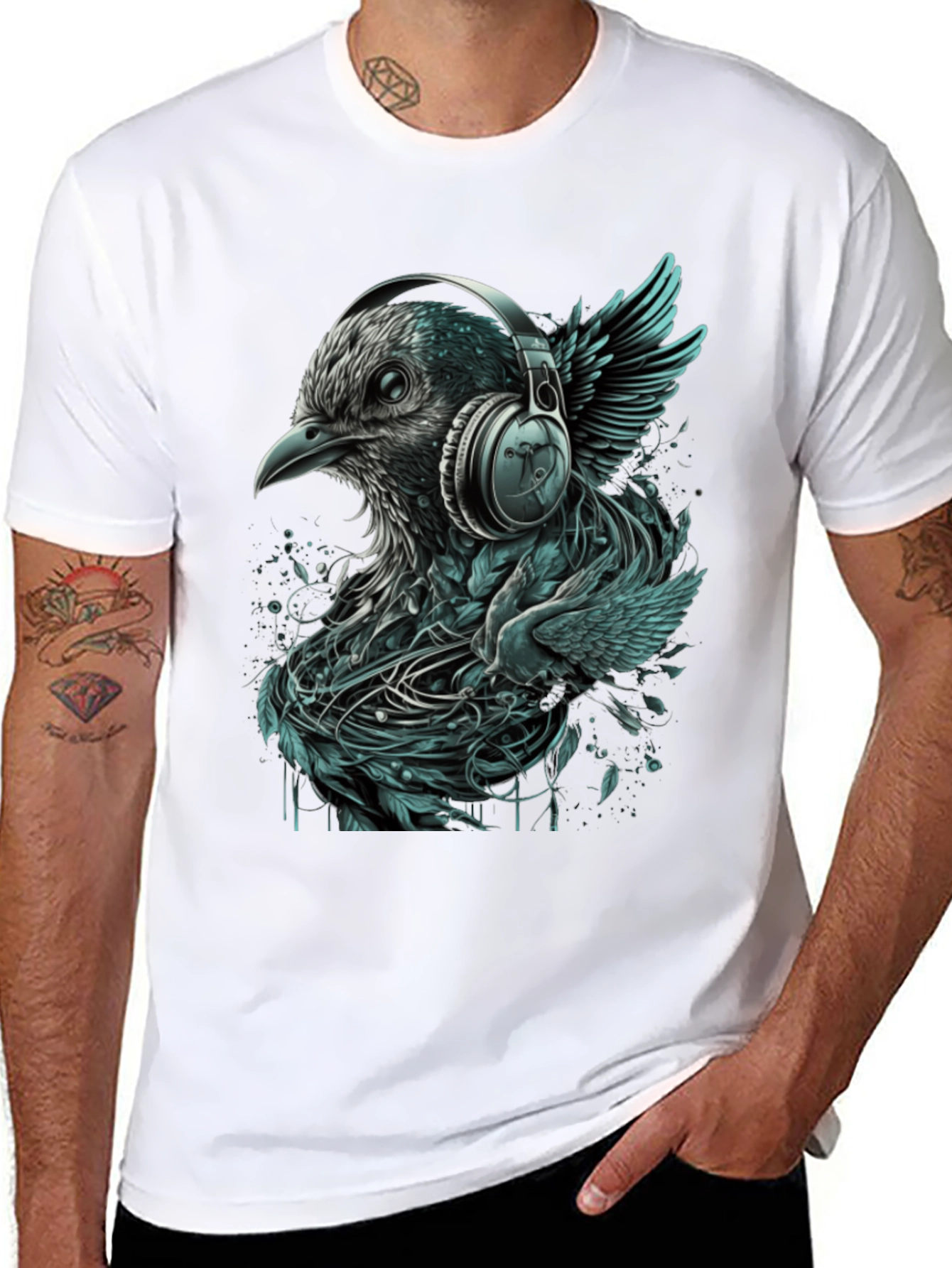 Black Bird with Headphones Graphic Tee view 8