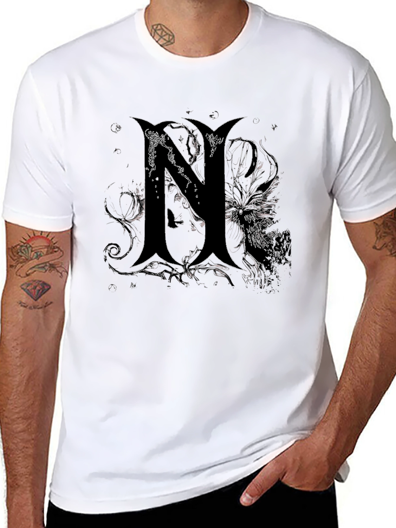 Black Edgy Gothic "N" Graphic Print Black T-Shirt view 8