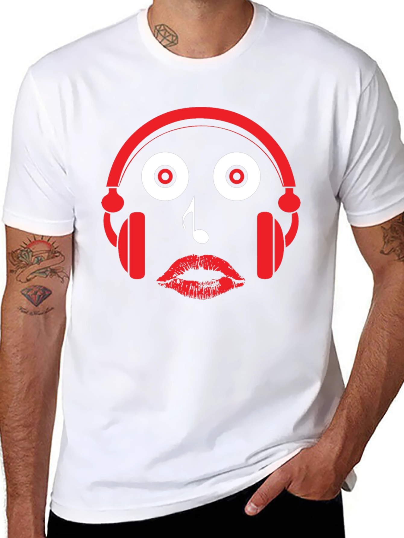 Black Music Lover's Tee: Headphones, Note, Lips Graphic T-Shirt view 8
