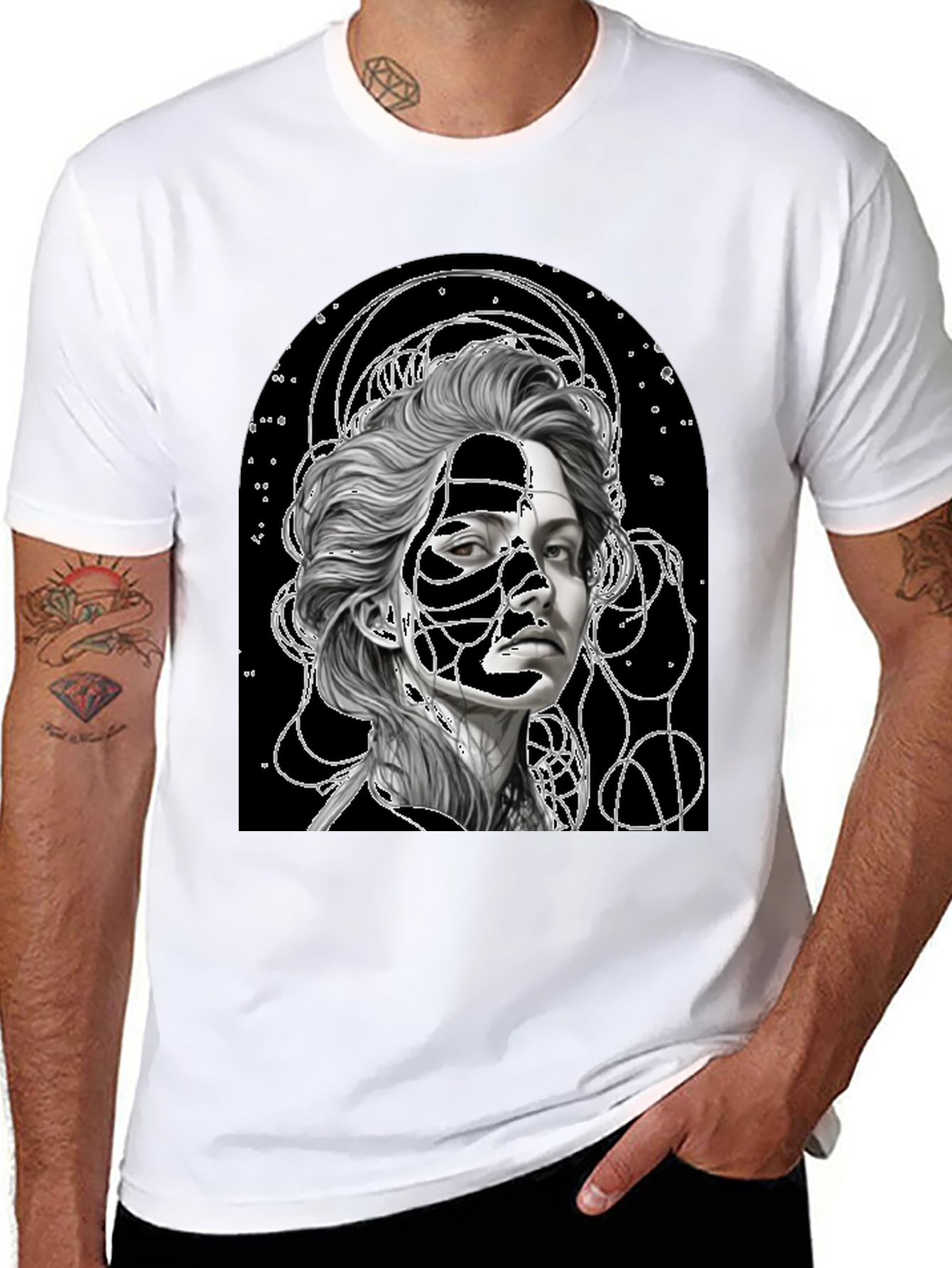 Black Abstract Portrait Graphic Tee - Stylish Black T-Shirt view 8