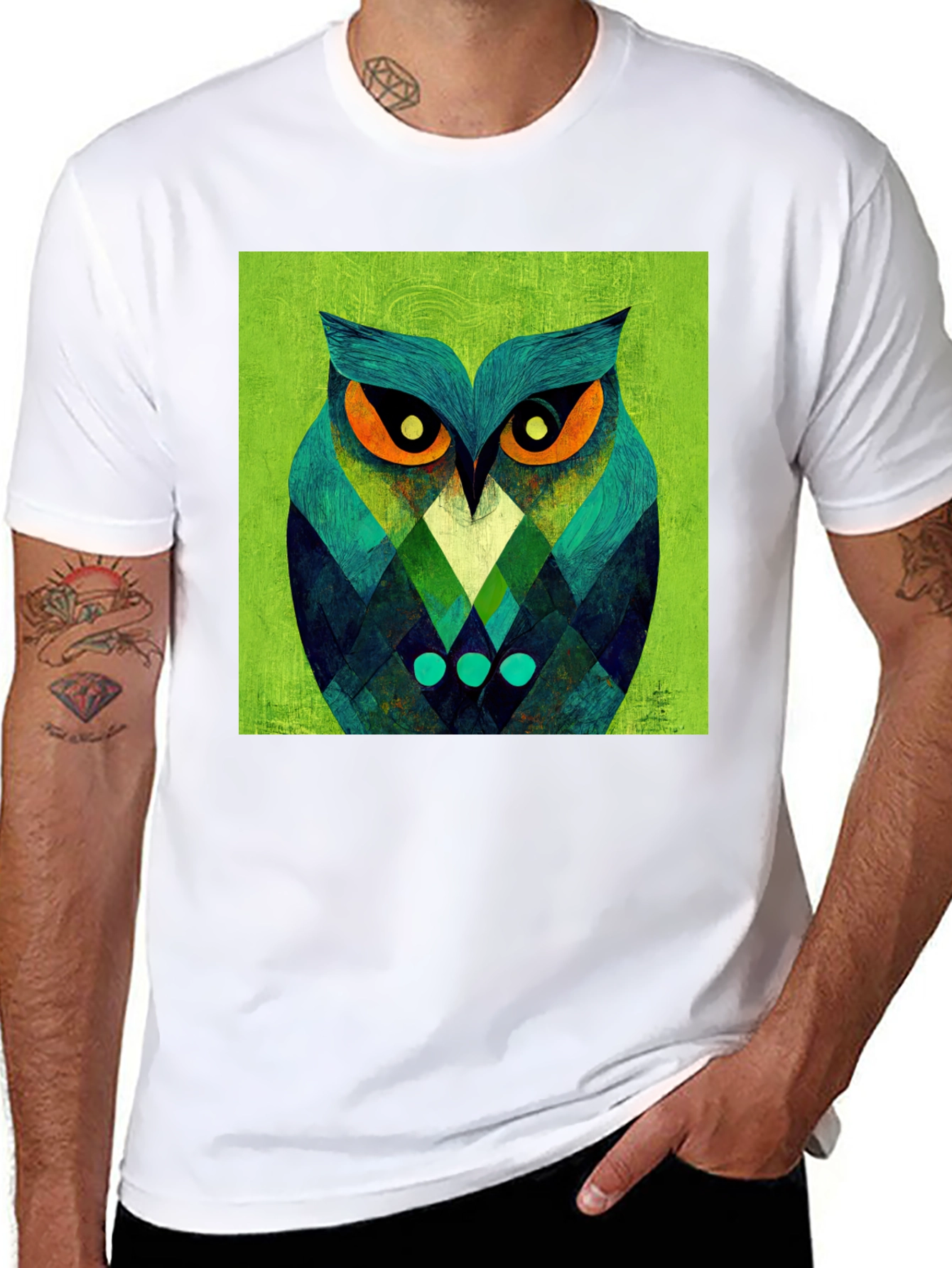 Black Geometric Owl Graphic Tee - Black Cotton Blend view 8