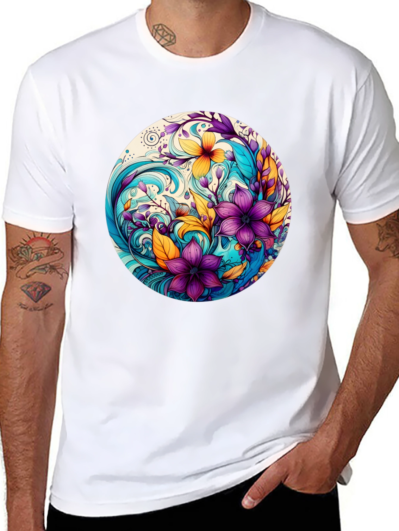 Black Floral Swirl Graphic Black T-Shirt view 8