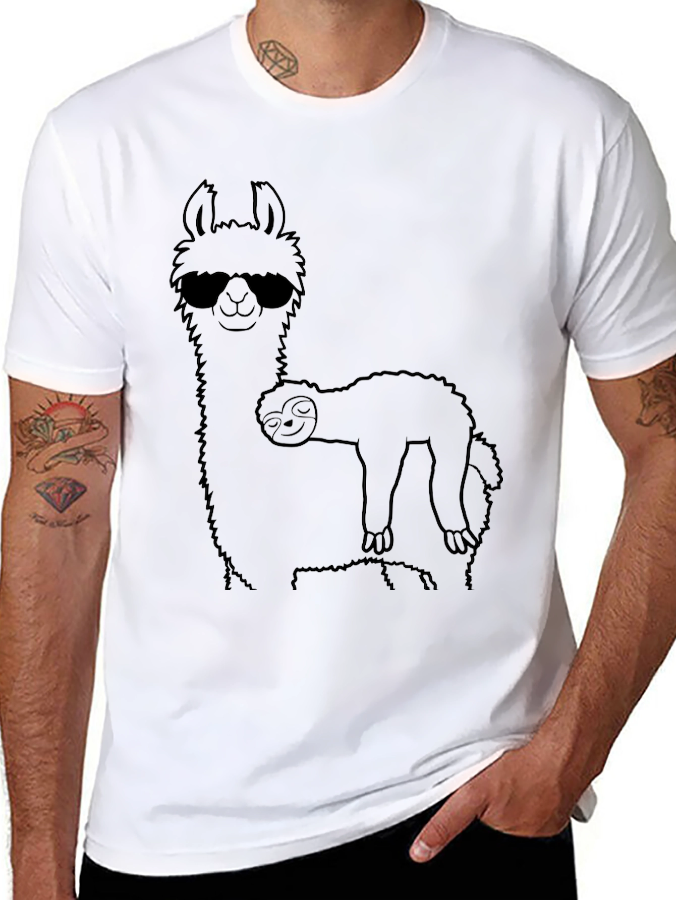 Black Cool Llama & Sloth Graphic Tee - Black Cotton T-Shirt view 8