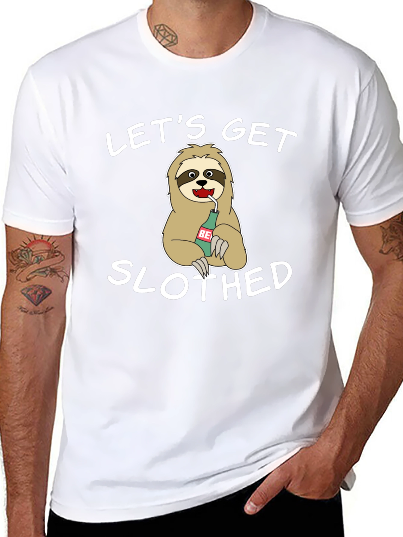 Black Let's Get Slothed Graphic Tee - Novelty Sloth Beer T-Shirt view 8