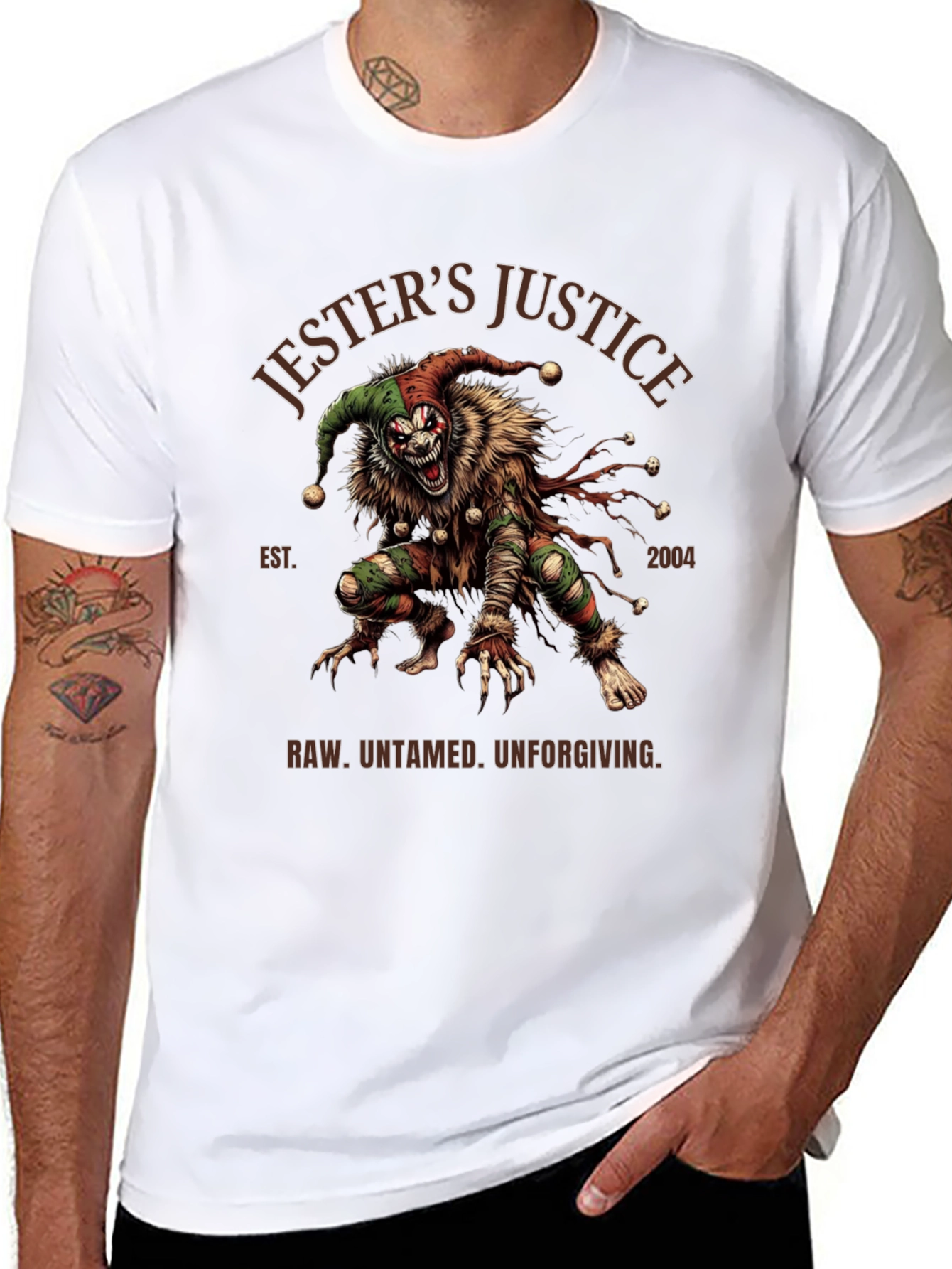 Black Jester's Justice T-Shirt: Raw, Untamed, Unforgiving Design view 8