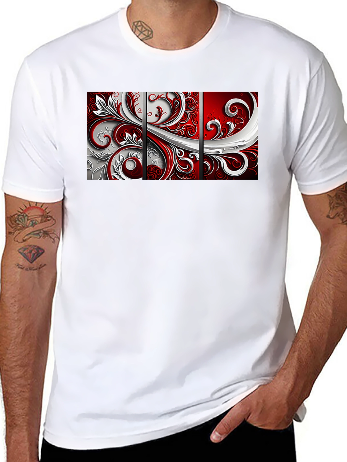 Black Abstract Floral Panel Men's Black T-Shirt view 8