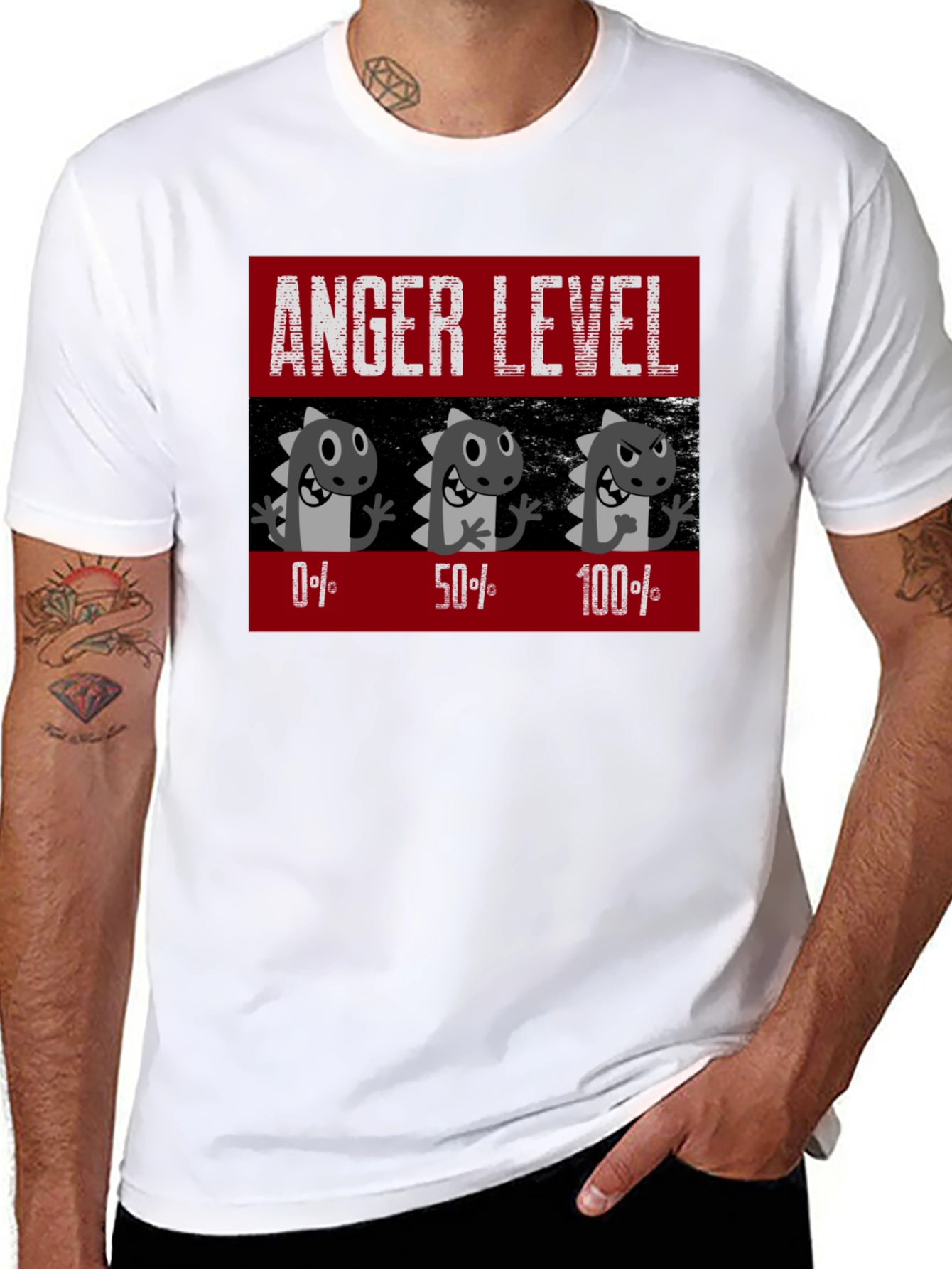 Black Anger Level T-Shirt, Funny Dinosaur Mood Tee view 8