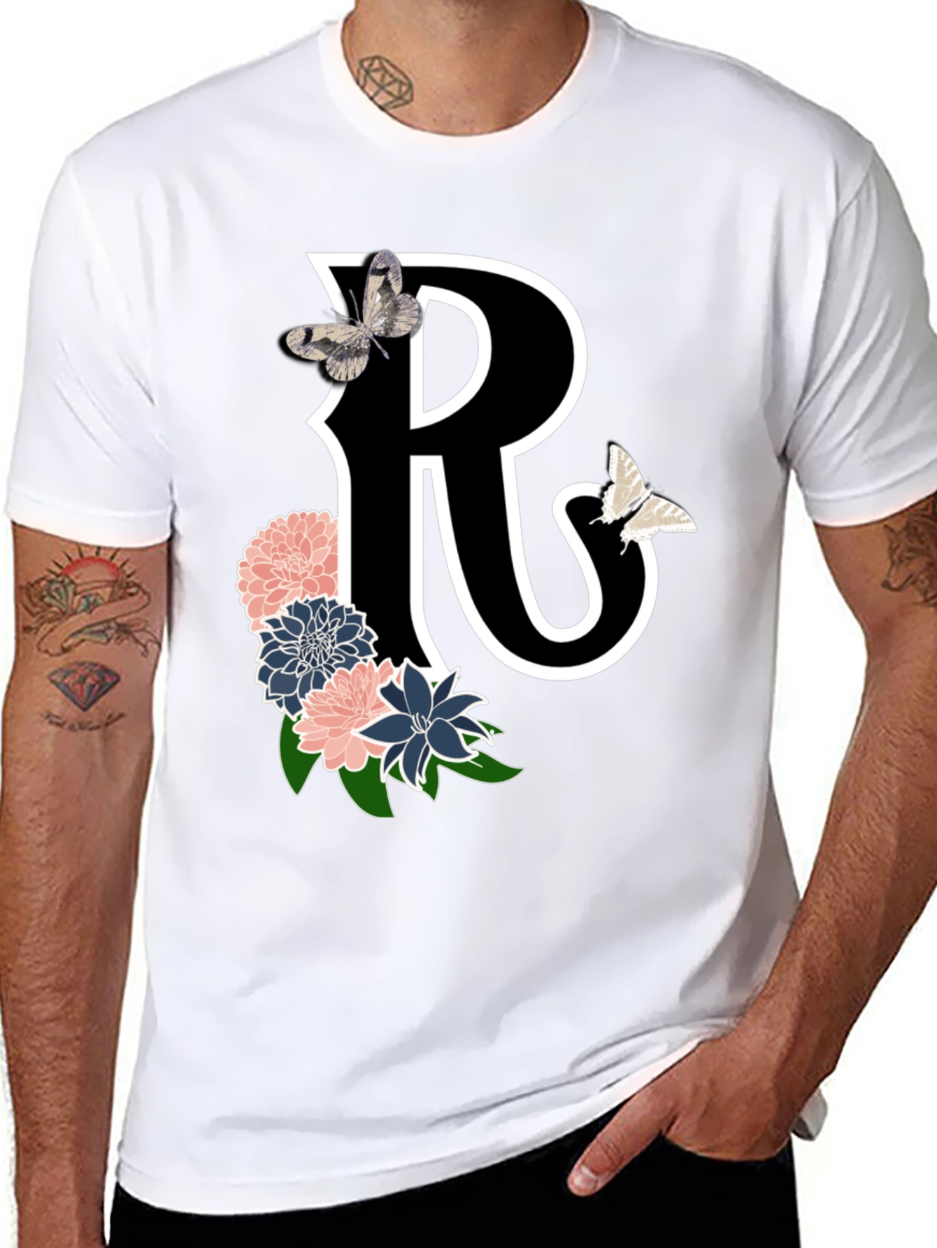Black Letter R Floral Butterfly Black T-Shirt view 8