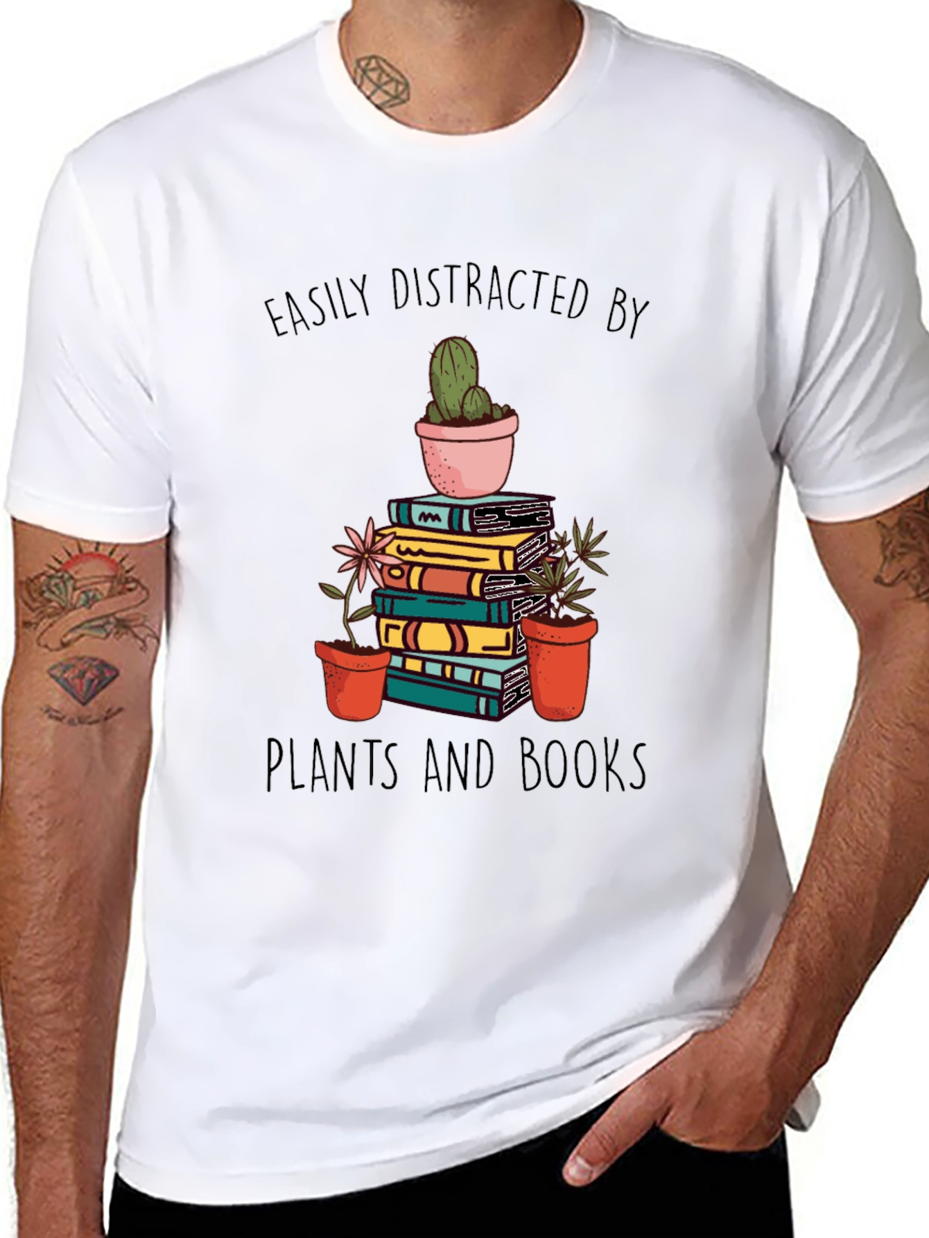 Black Easily Distracted by Plants and Books T-Shirt view 8