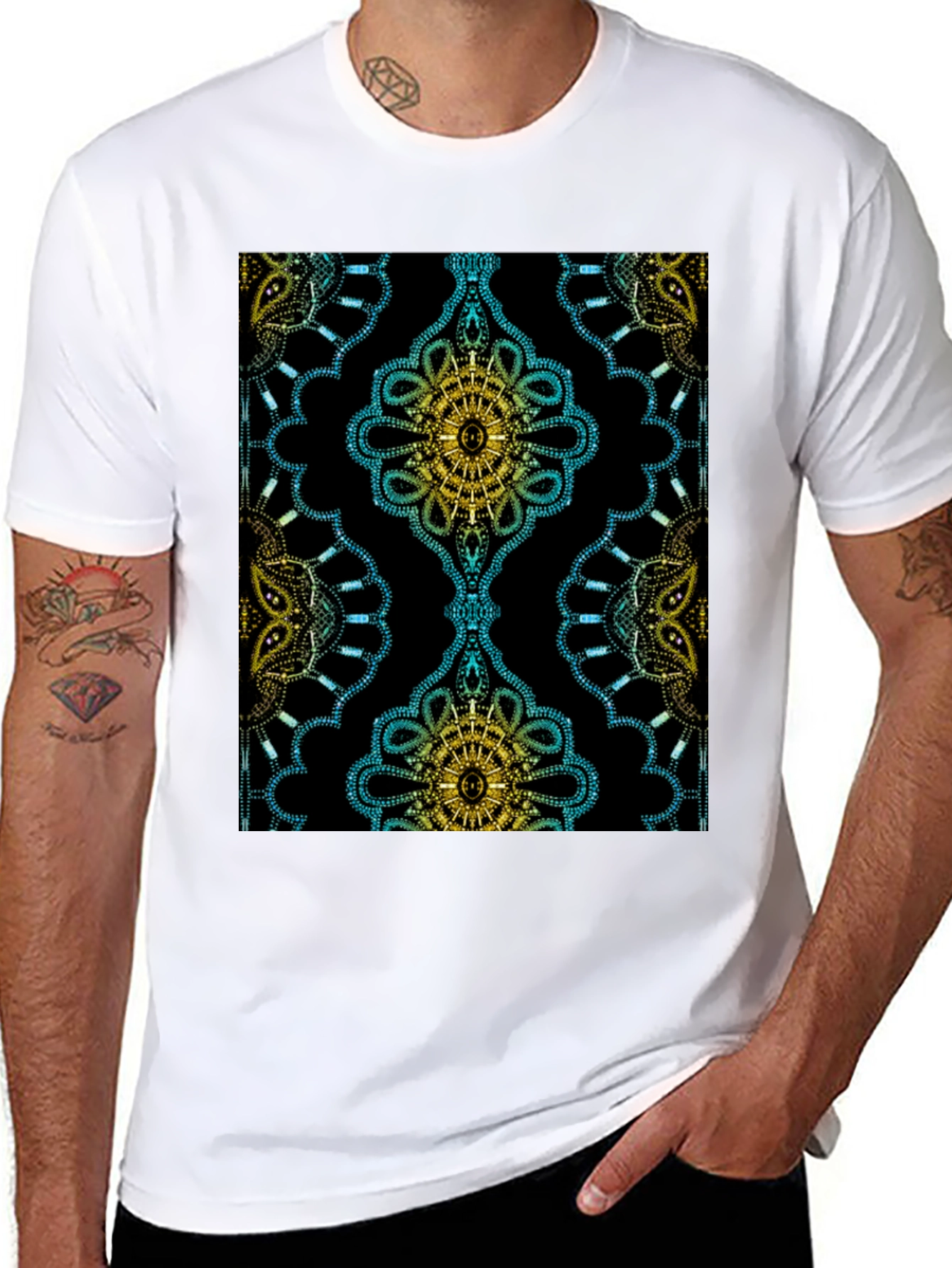 Black Patterned Black Crew Neck T-Shirt view 8