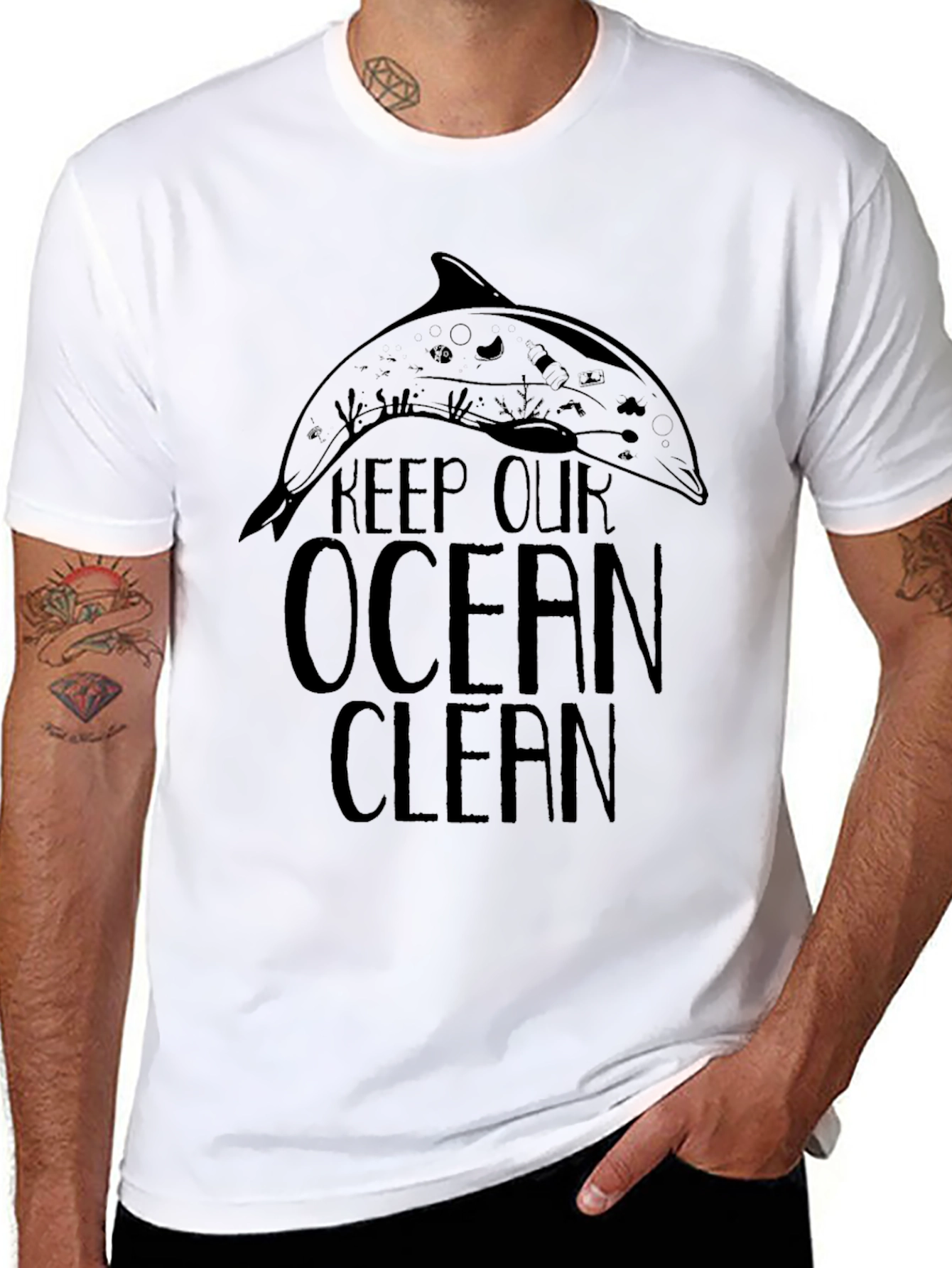 Black Keep Our Ocean Clean Dolphin Graphic Tee - Black view 8