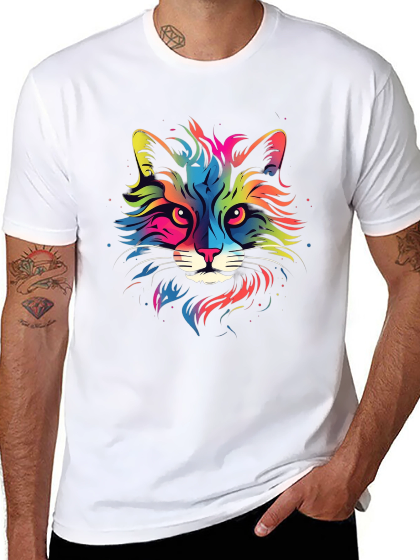 Black Colorful Cat Graphic Black T-Shirt view 8