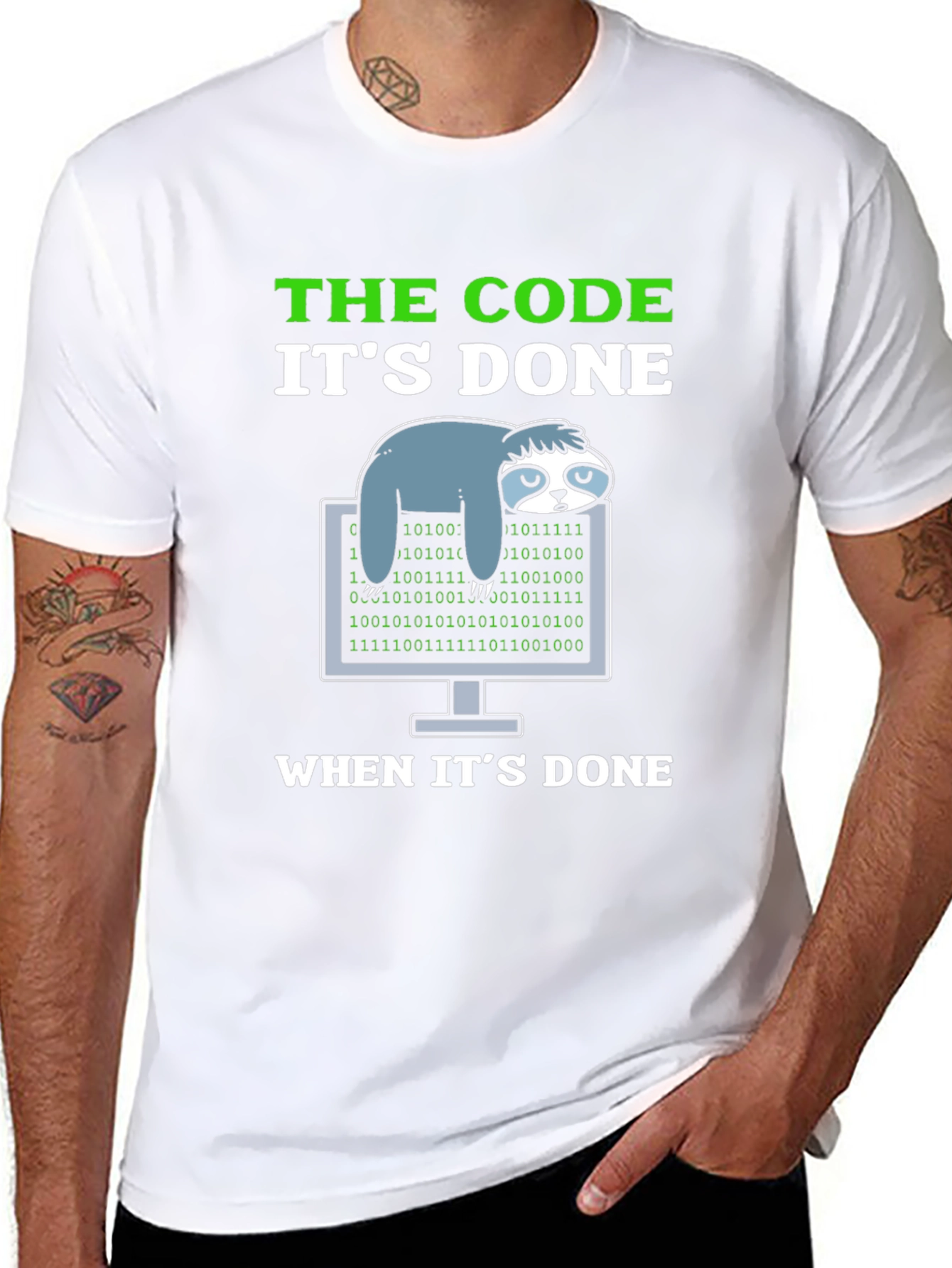 Black The Code It's Done Sloth Programmer T-Shirt view 8