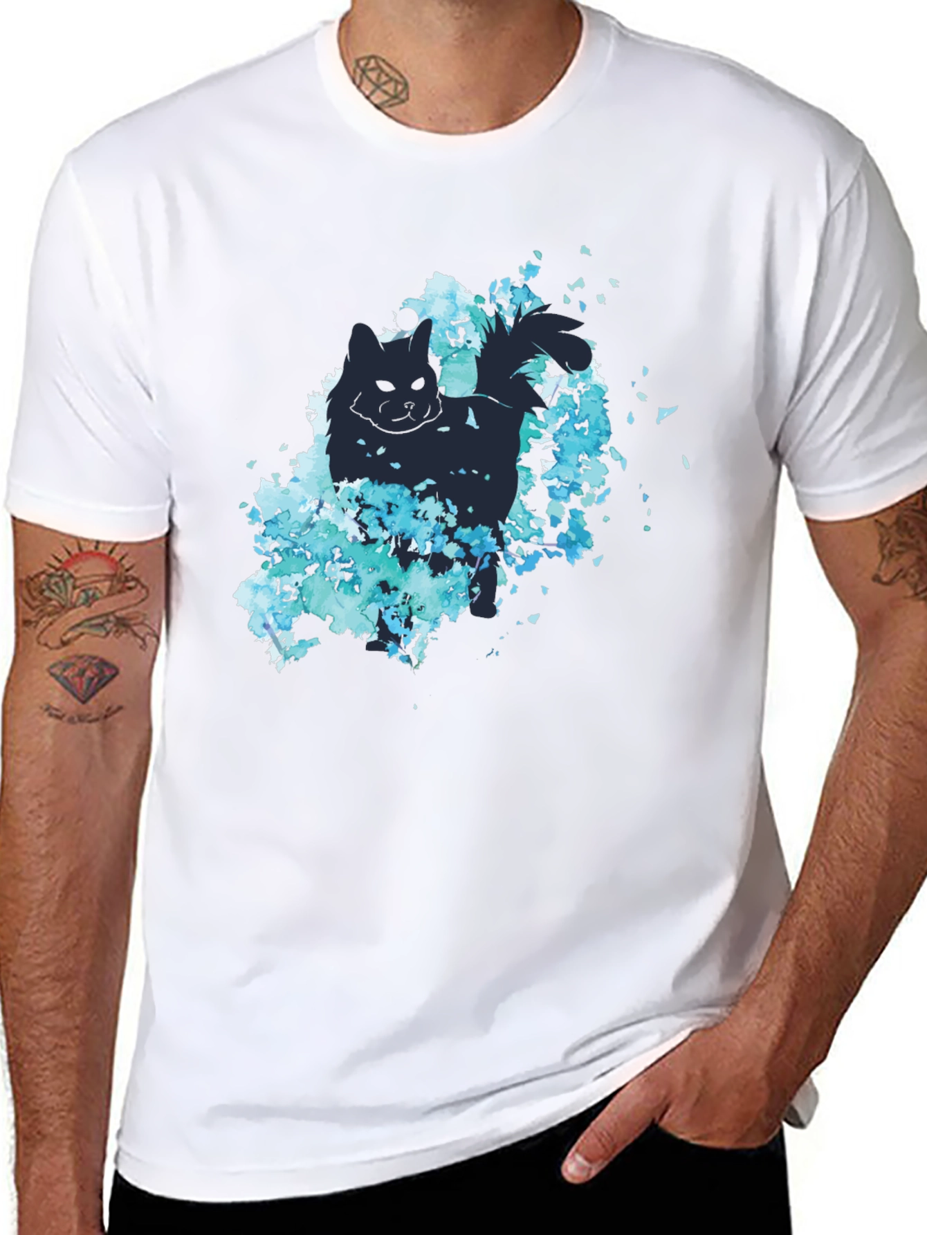 Black Cat Silhouette Floral Graphic Tee - Black view 8