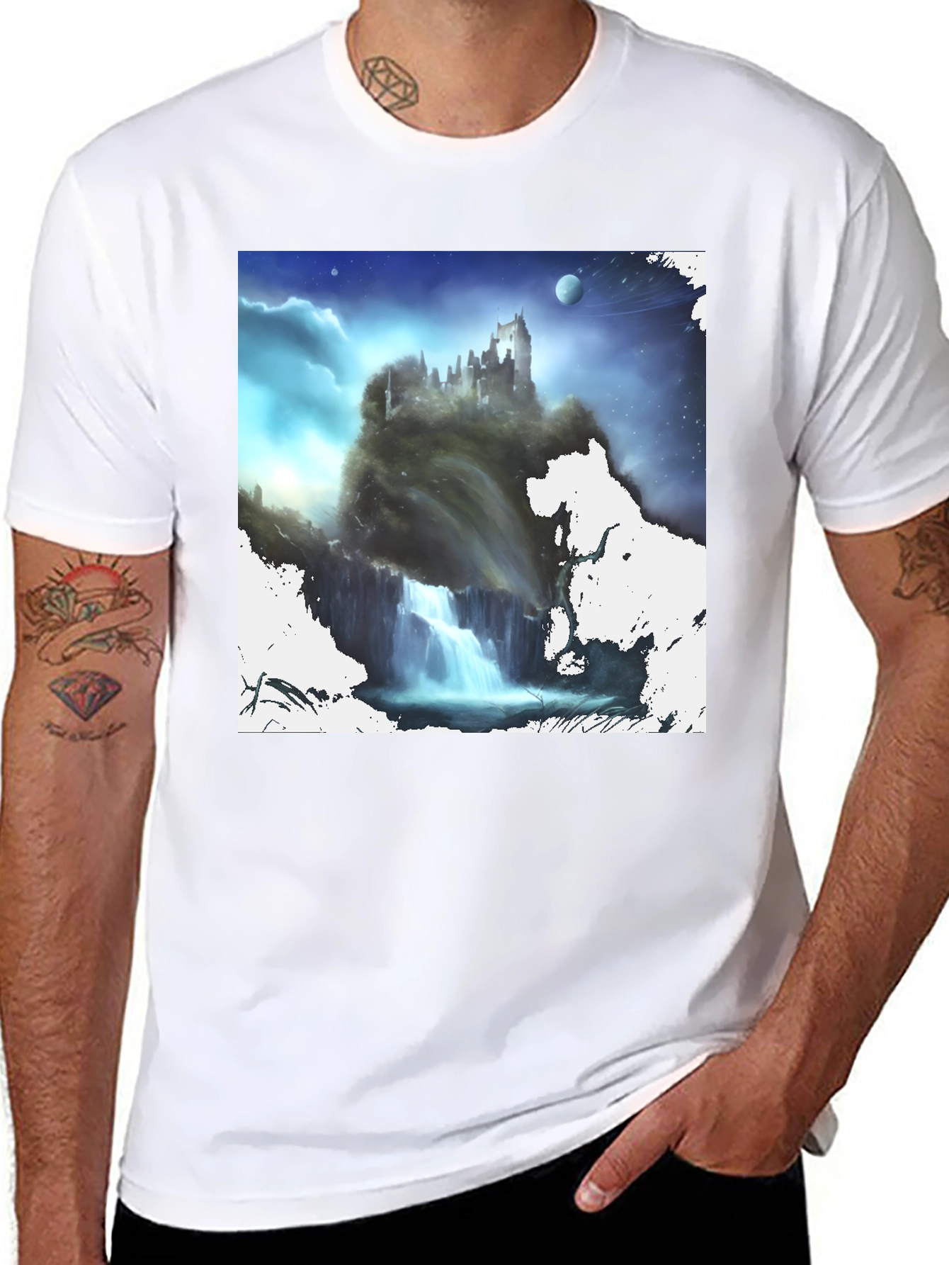 Black Fantasy Castle Waterfall Graphic Black T-Shirt view 8