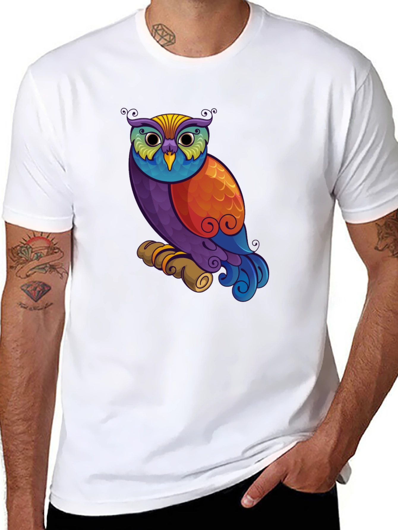 Black Colorful Owl Graphic Print Black T-Shirt view 8