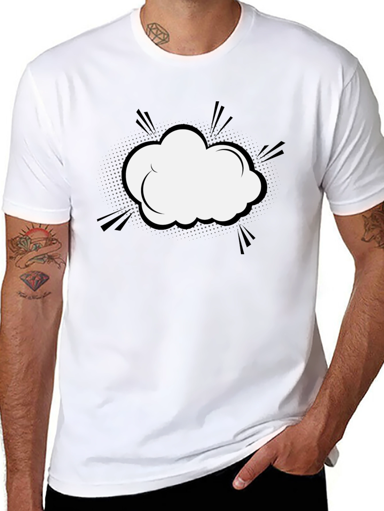 Black Men's Black T-Shirt with Comic Cloud Graphic view 8