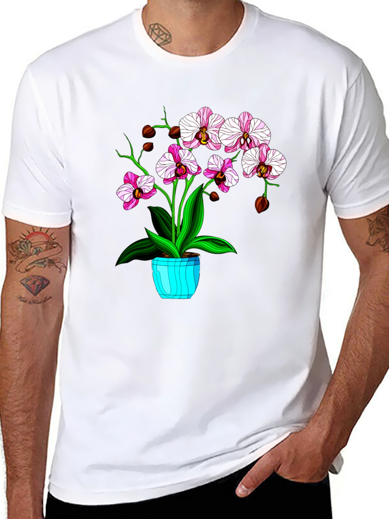 Black Floral T-Shirt with Orchid Plant Graphic view 8