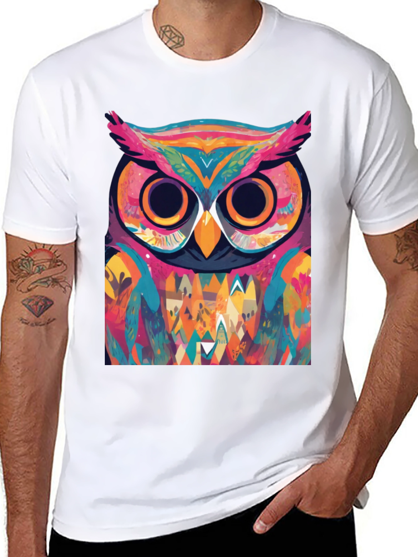 Black Abstract Owl Graphic Tee - Cool Colorful Design view 8