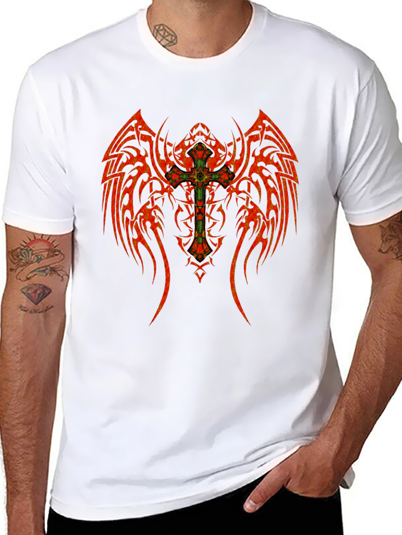 Black Tribal Winged Cross Graphic T-Shirt view 8