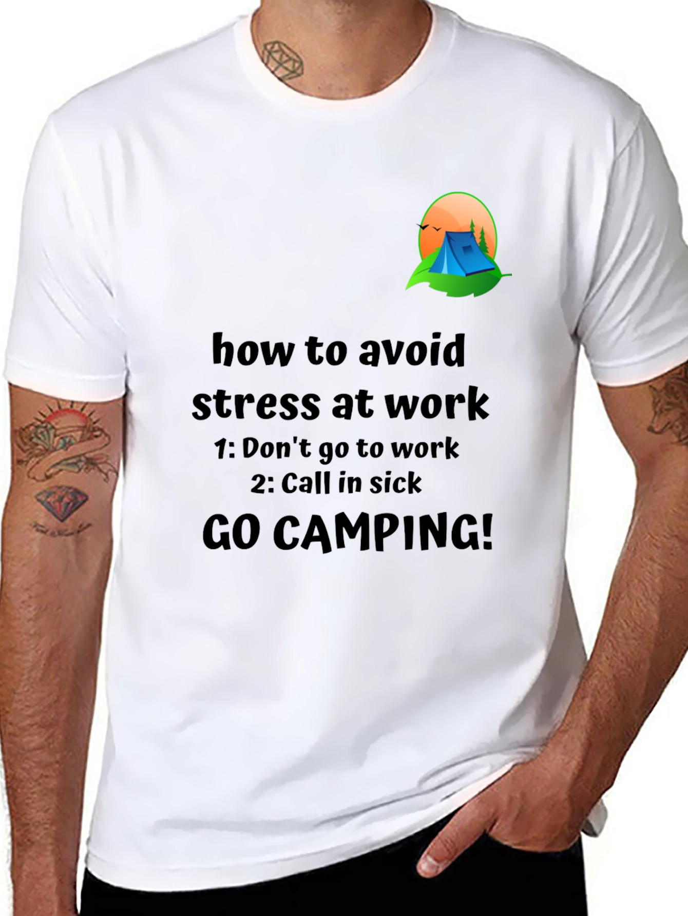 Black Avoid Stress T-Shirt: Camping Graphic Tee view 8