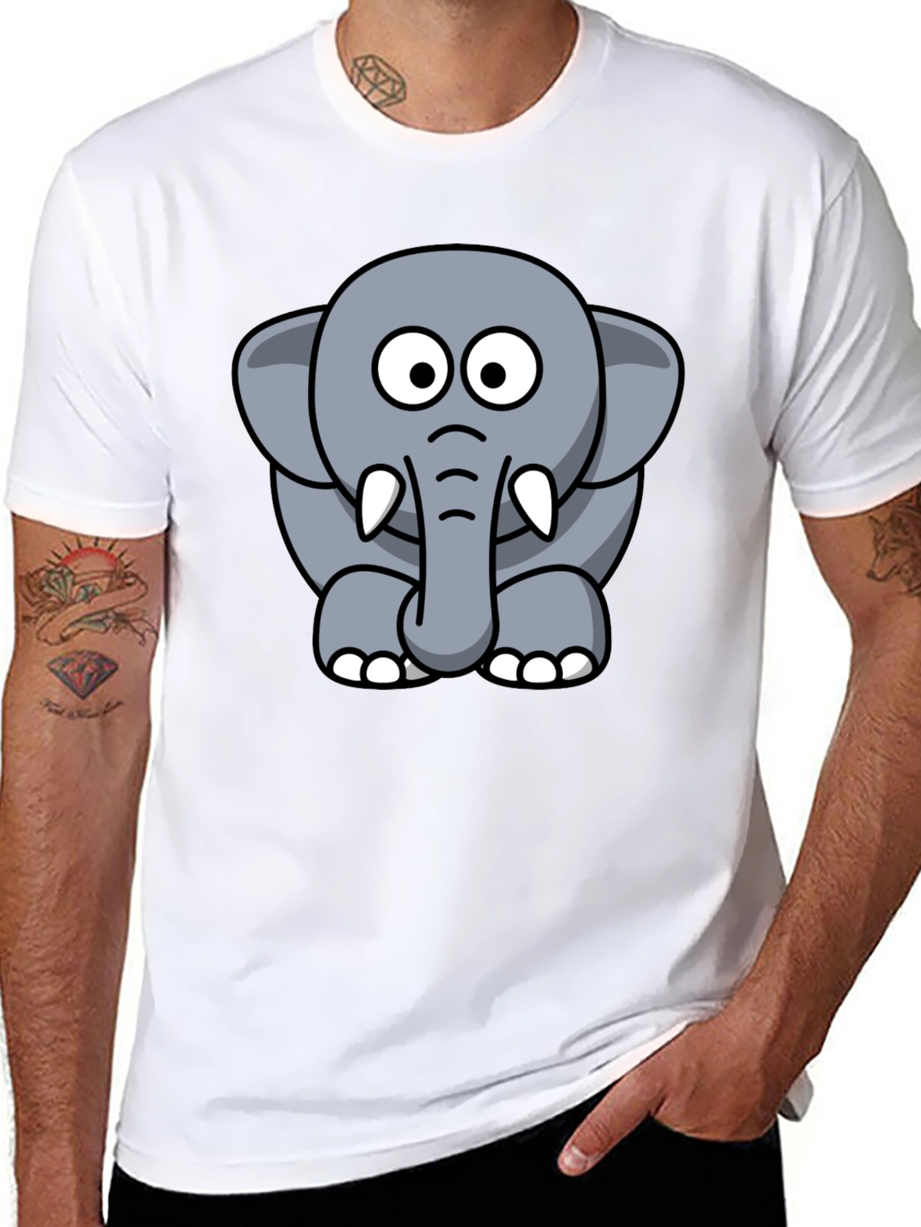 Black Cartoon Elephant Graphic Tee - Black Cotton T-Shirt view 8