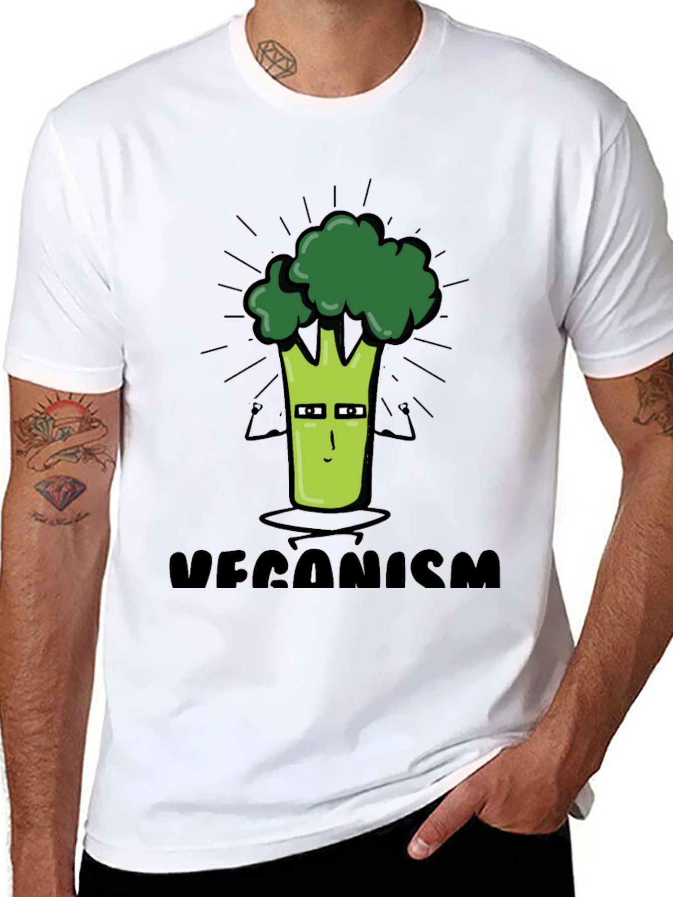 Black Veganism Cartoon Broccoli Black T-Shirt view 8