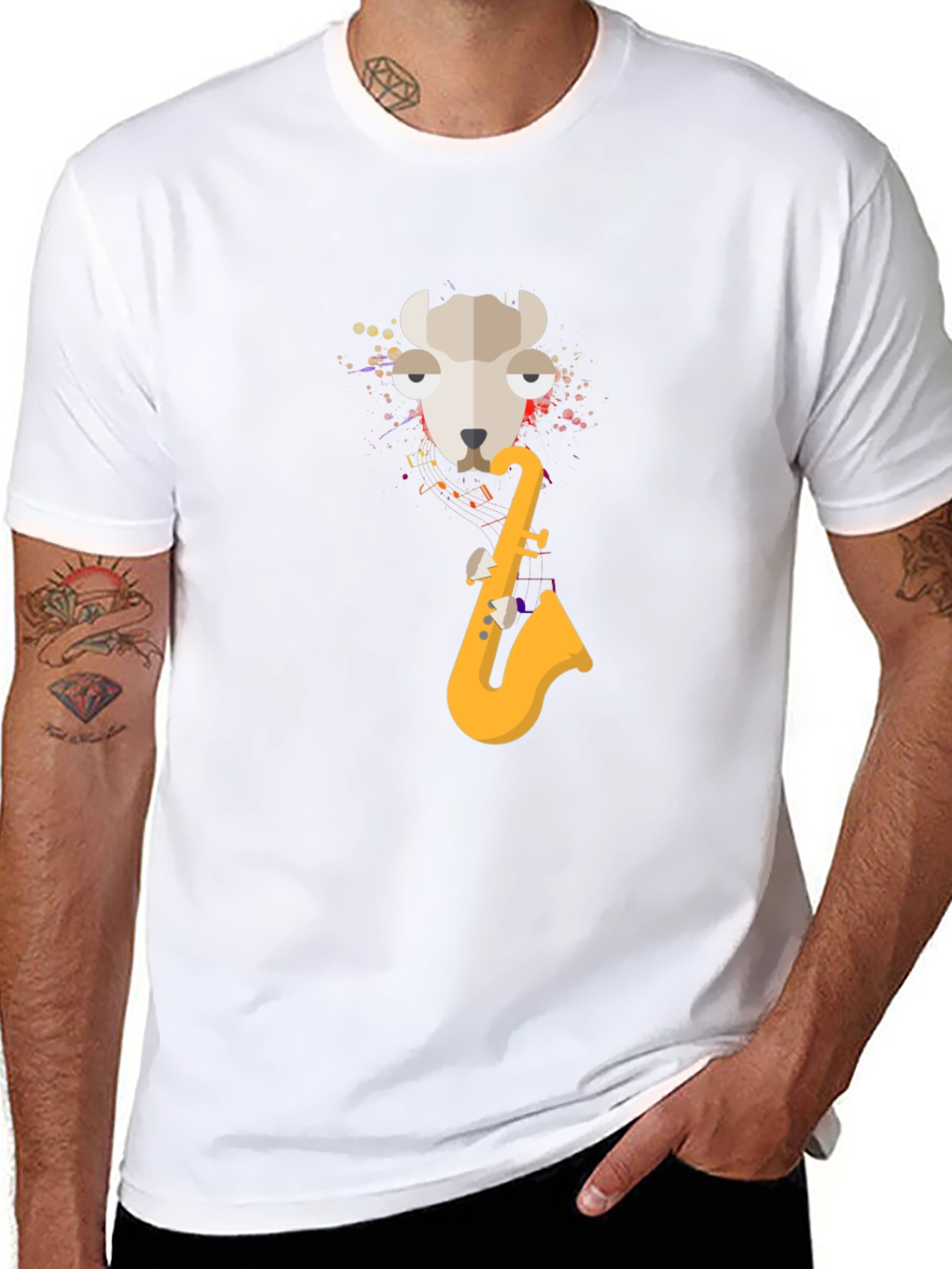 Black Cool Llama Saxophone Black T-Shirt view 8