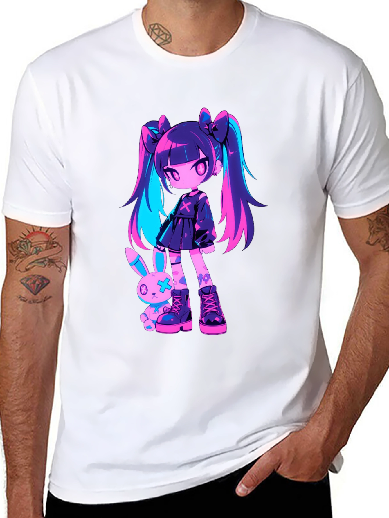 Black Anime Girl & Bunny Black T-Shirt view 8