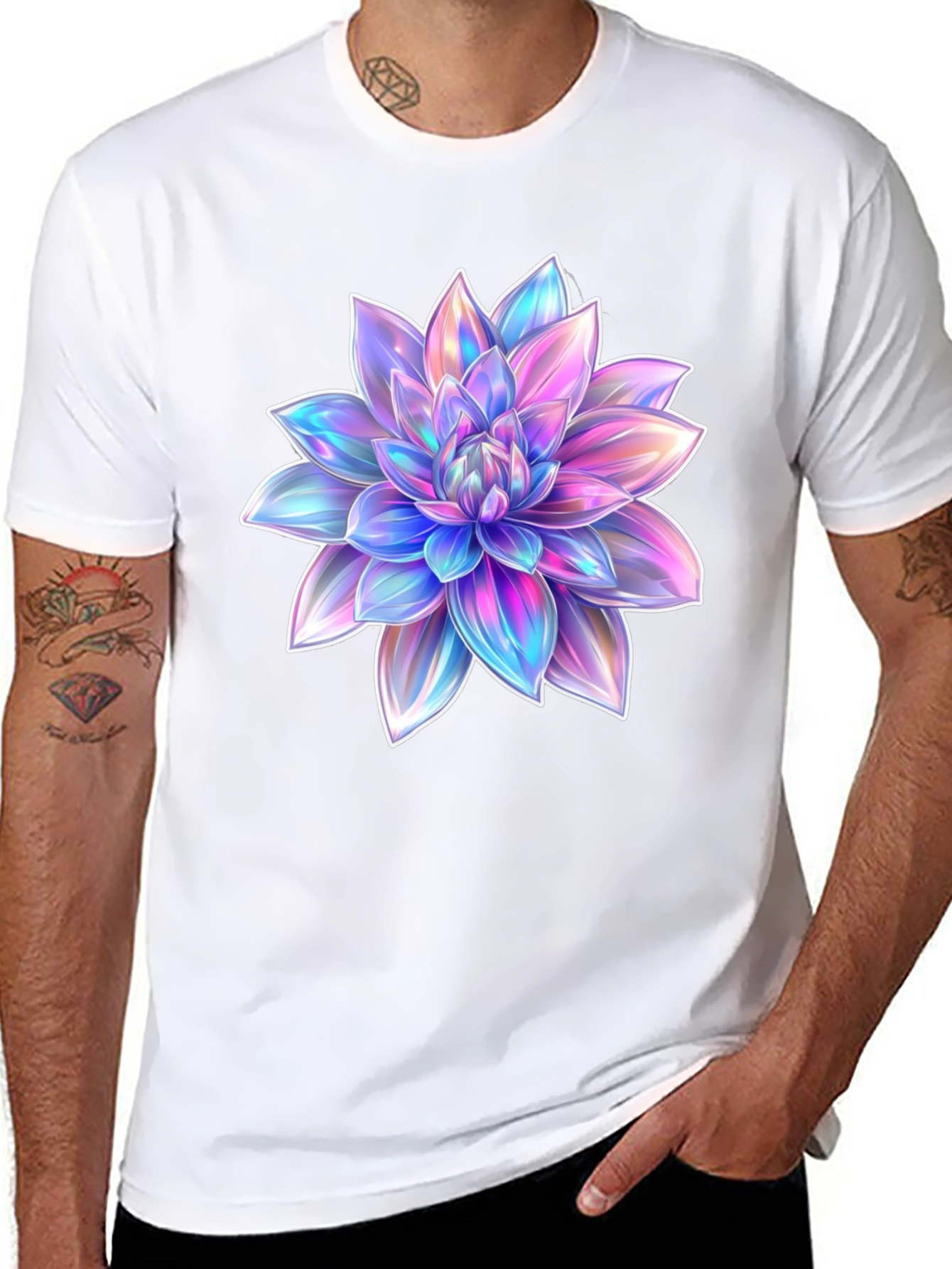 Black Men's Black T-Shirt with Holographic Flower Design view 8