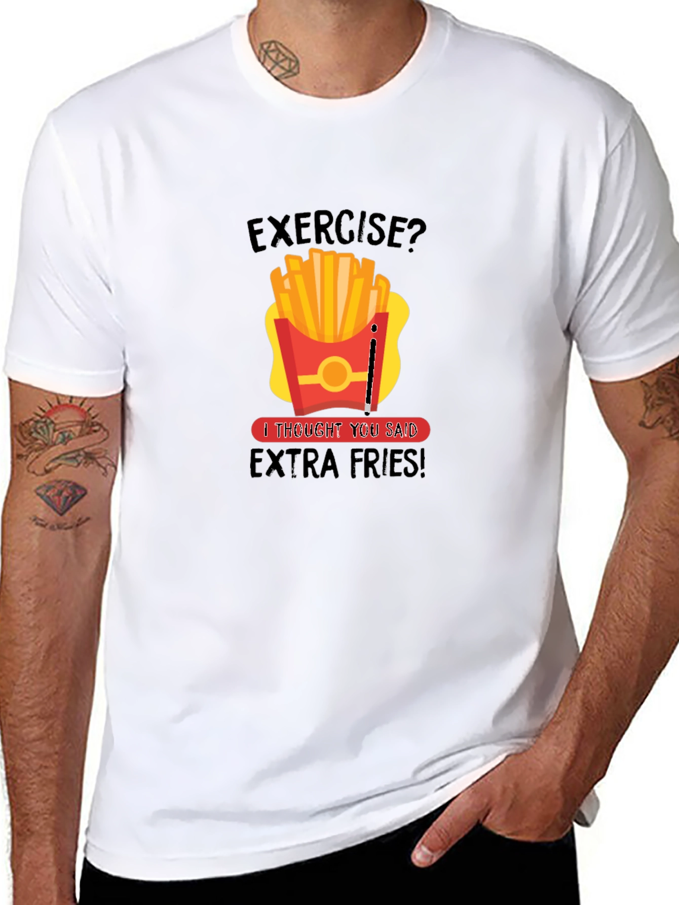 Black Funny Exercise Extra Fries Graphic T-Shirt view 8