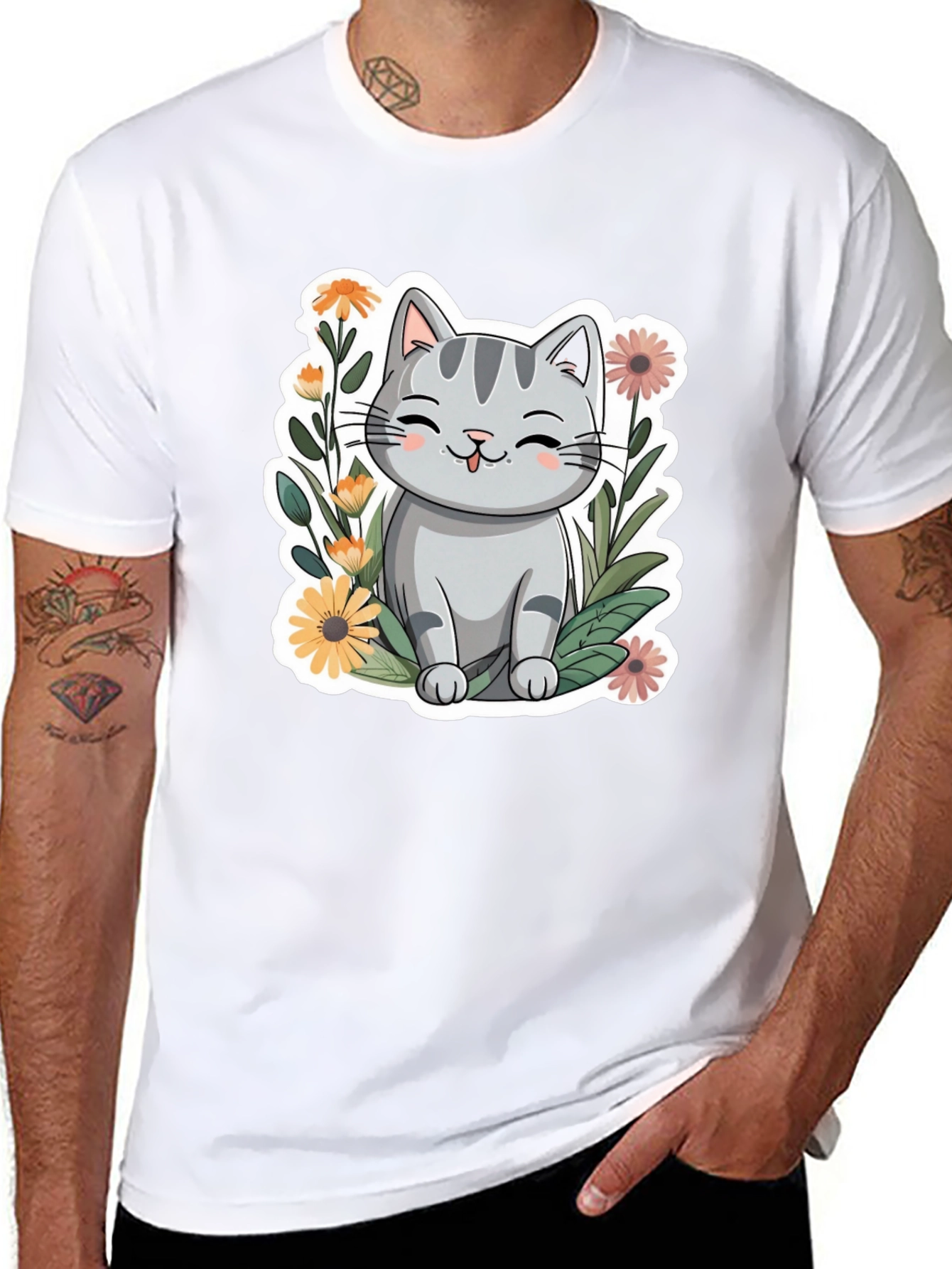 Black Cute Cat in Flowers Black T-Shirt view 8