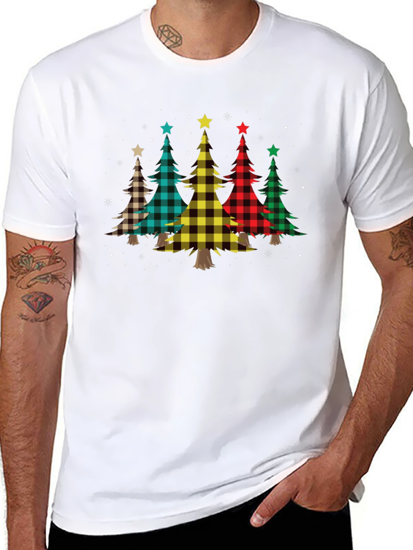 Black Plaid Christmas Trees Black T-Shirt view 8